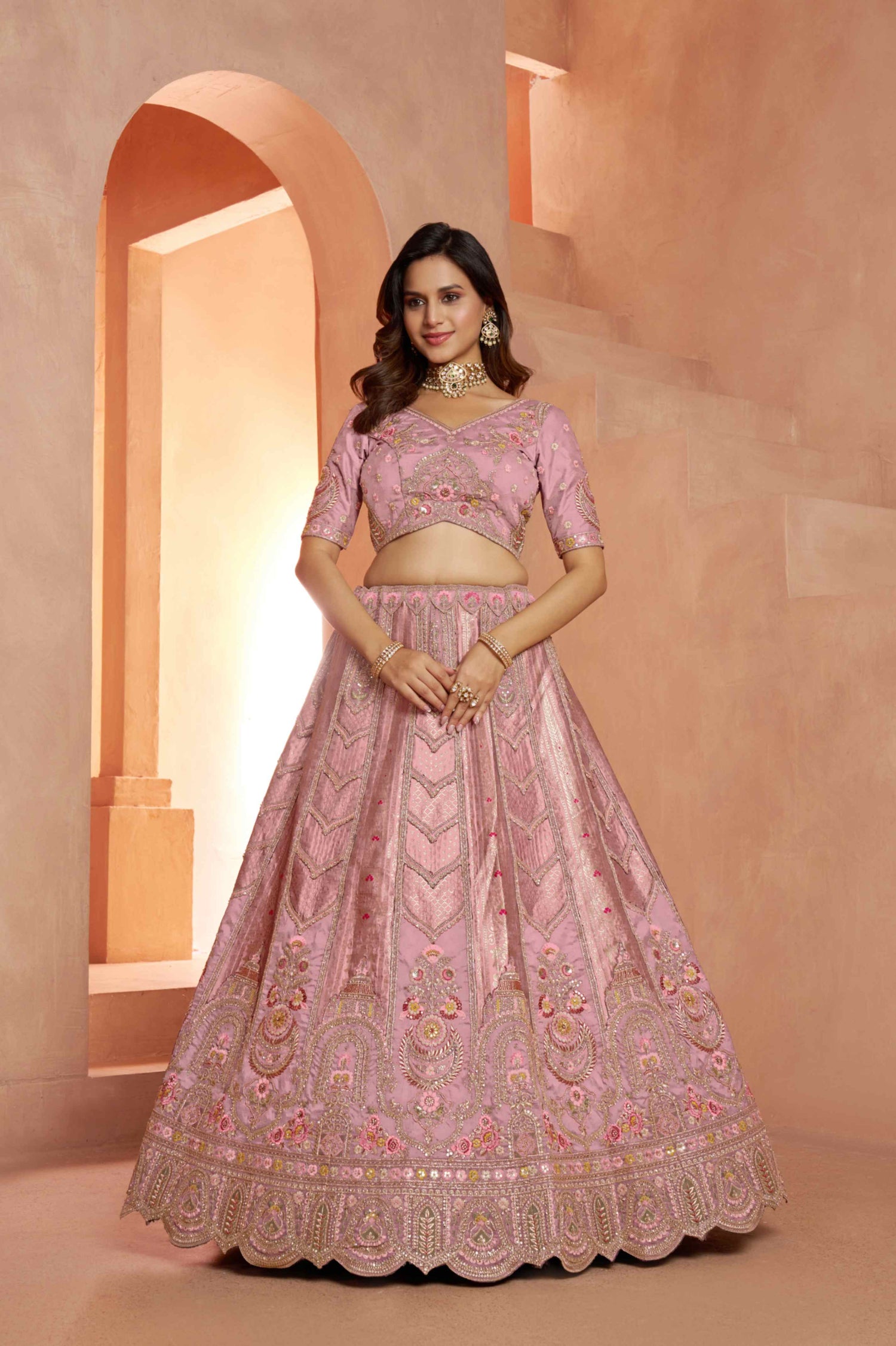 Baby Pink Banarasi Silk Lehenga Choli with Organza Dupatta