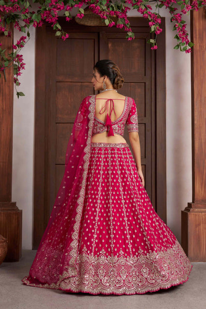 Rani Pink Net Lehenga Choli with Heavy Embroidery Work