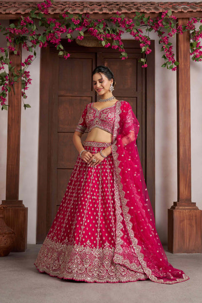Rani Pink Net Lehenga Choli with Heavy Embroidery Work