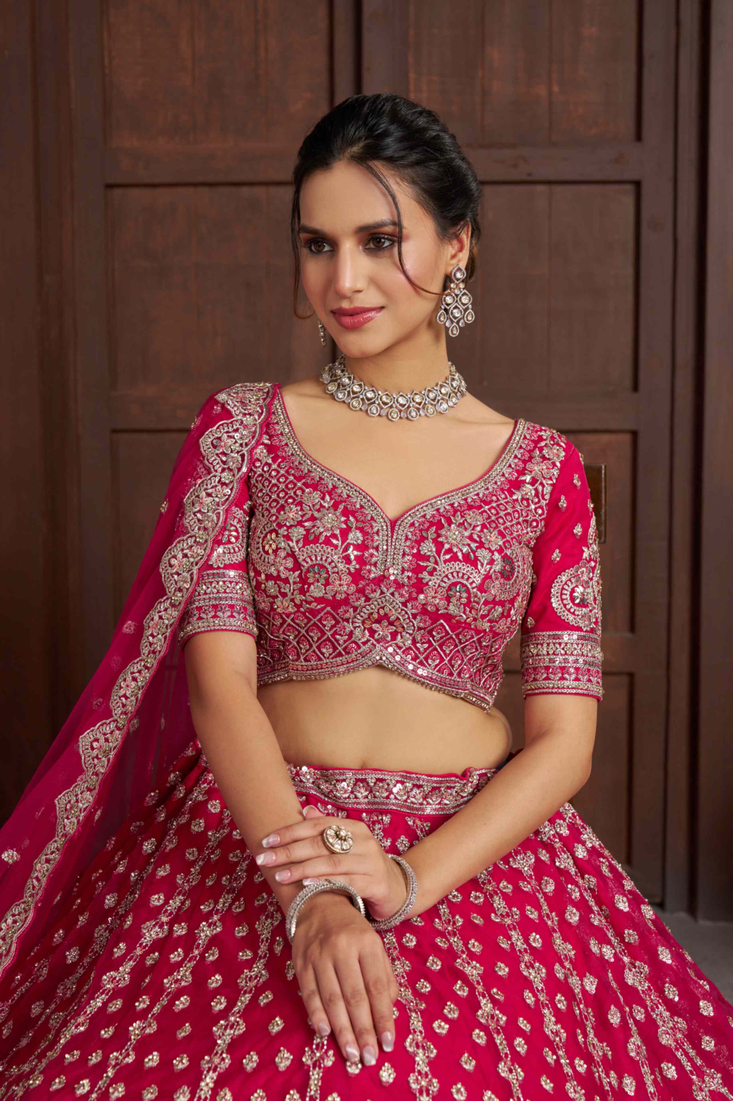 Rani Pink Net Lehenga Choli with Heavy Embroidery Work