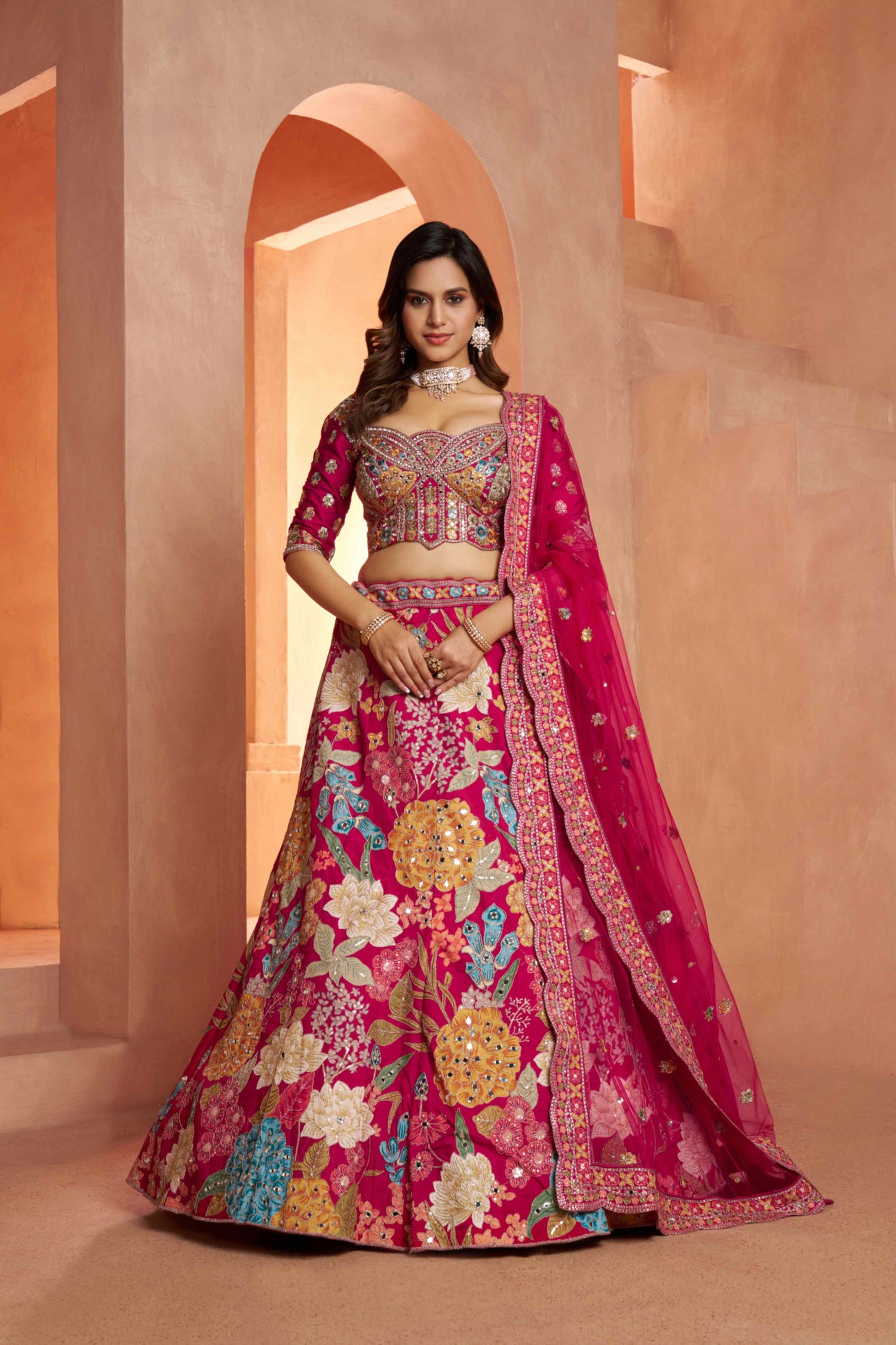 Rani Pink Dola Silk Floral Lehenga Choli with Net Dupatta