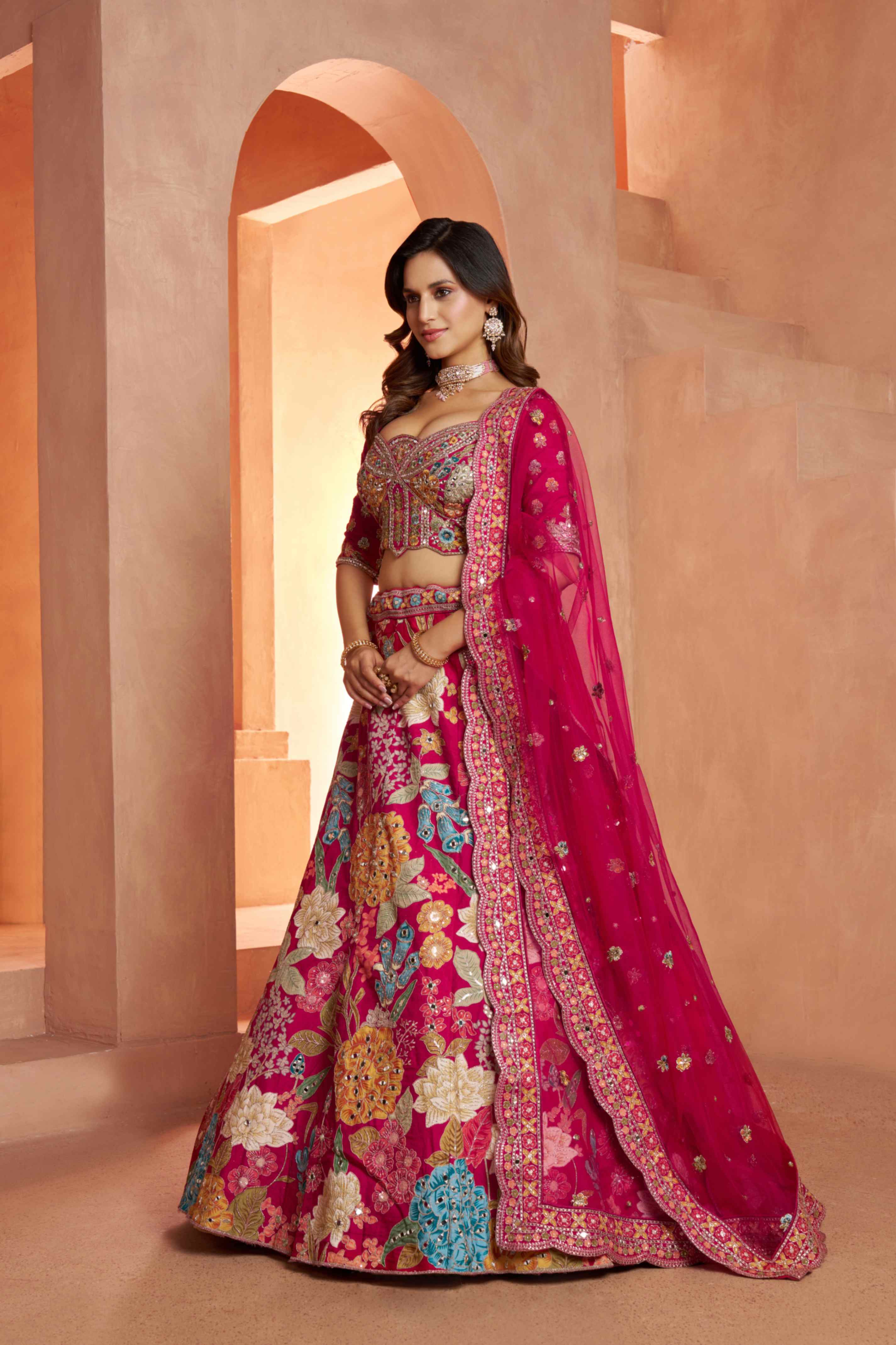 Rani Pink Dola Silk Floral Lehenga Choli with Net Dupatta