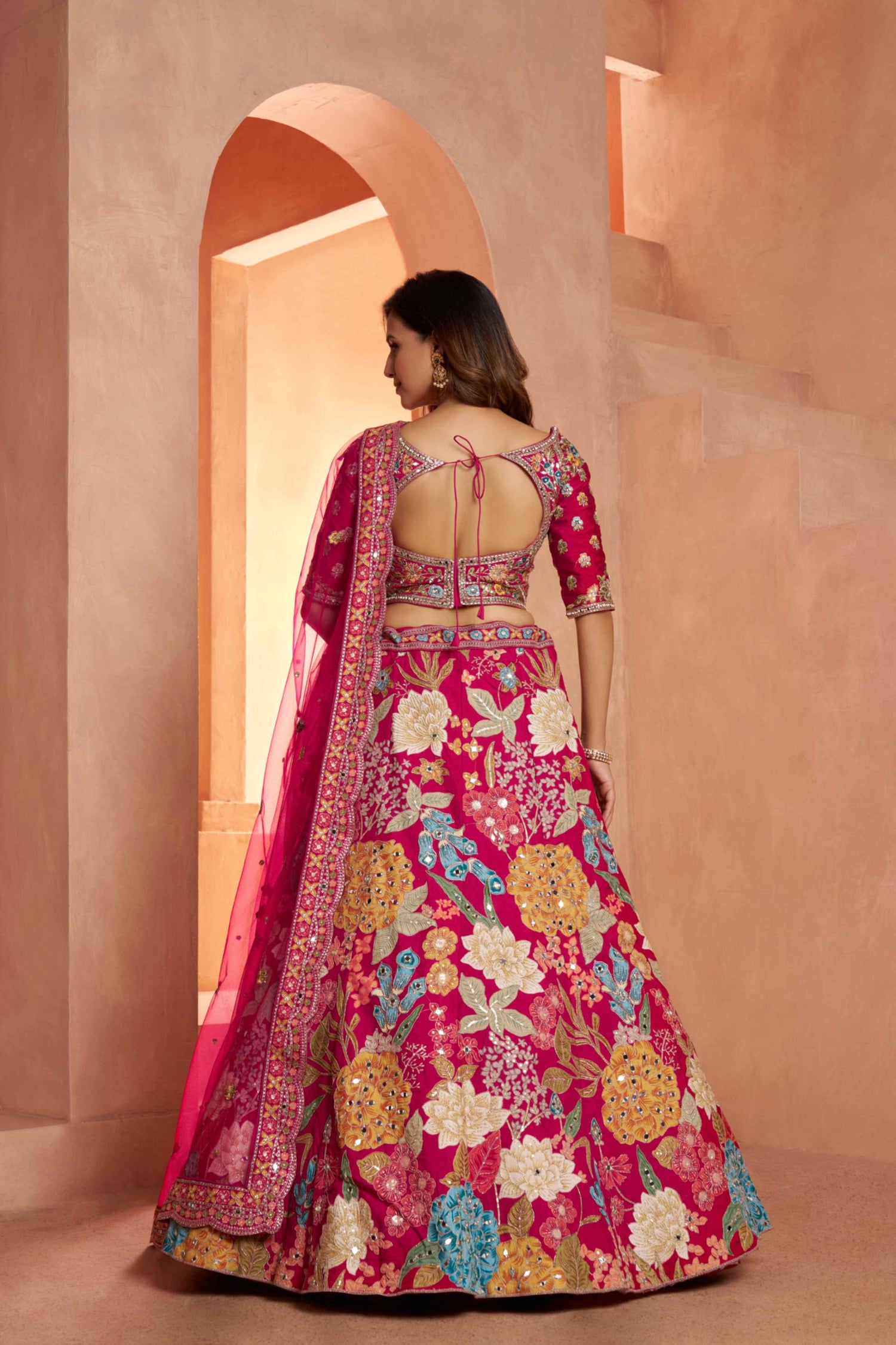 Rani Pink Dola Silk Floral Lehenga Choli with Net Dupatta