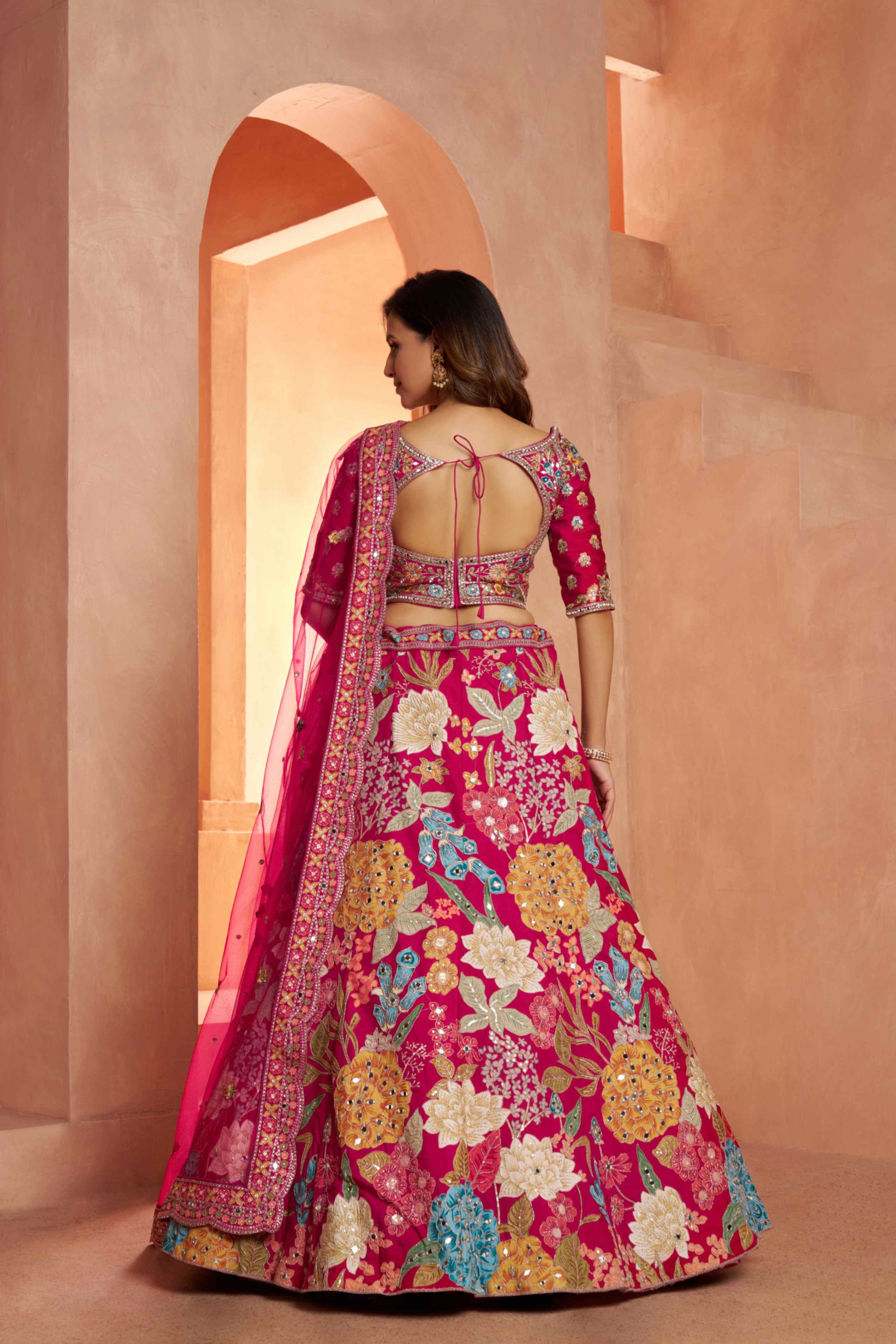 Rani Pink Dola Silk Floral Lehenga Choli with Net Dupatta