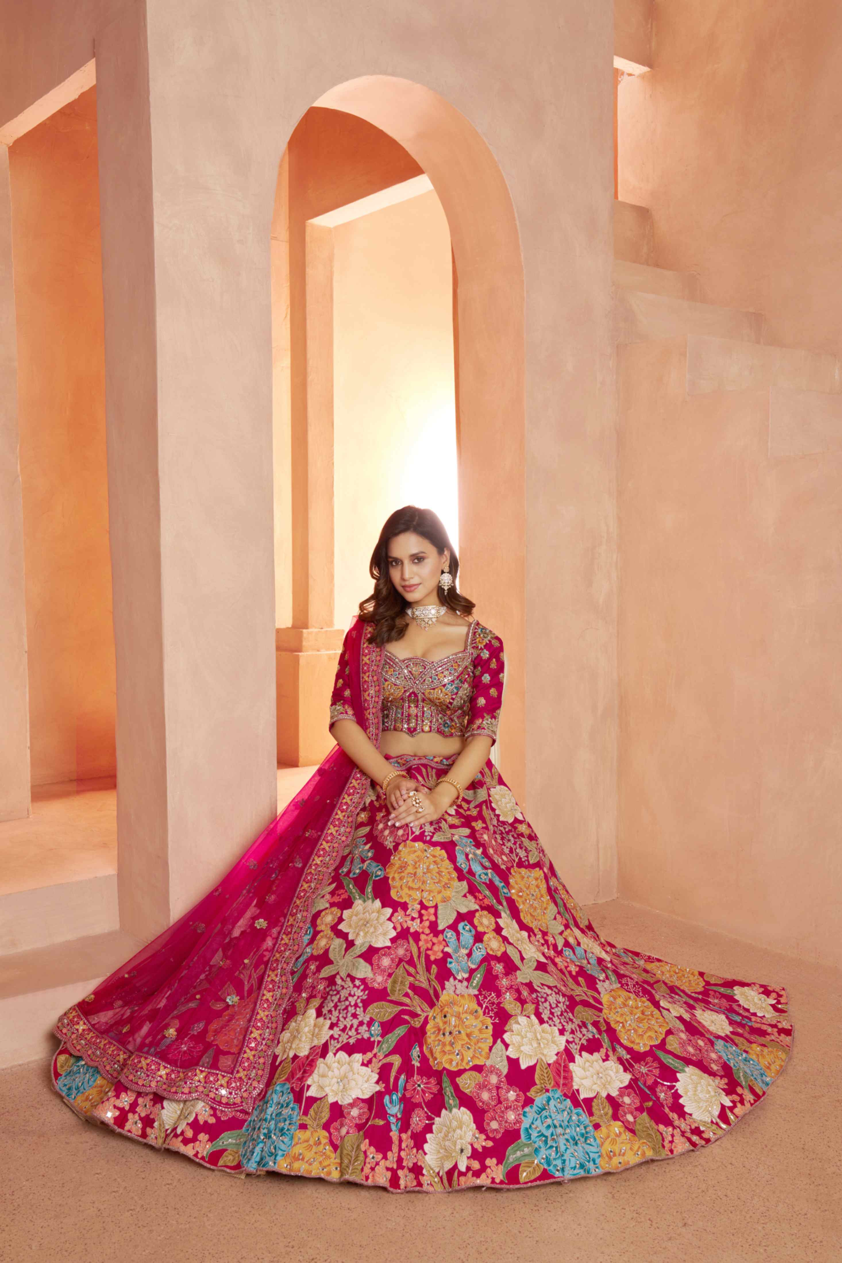 Rani Pink Dola Silk Floral Lehenga Choli with Net Dupatta