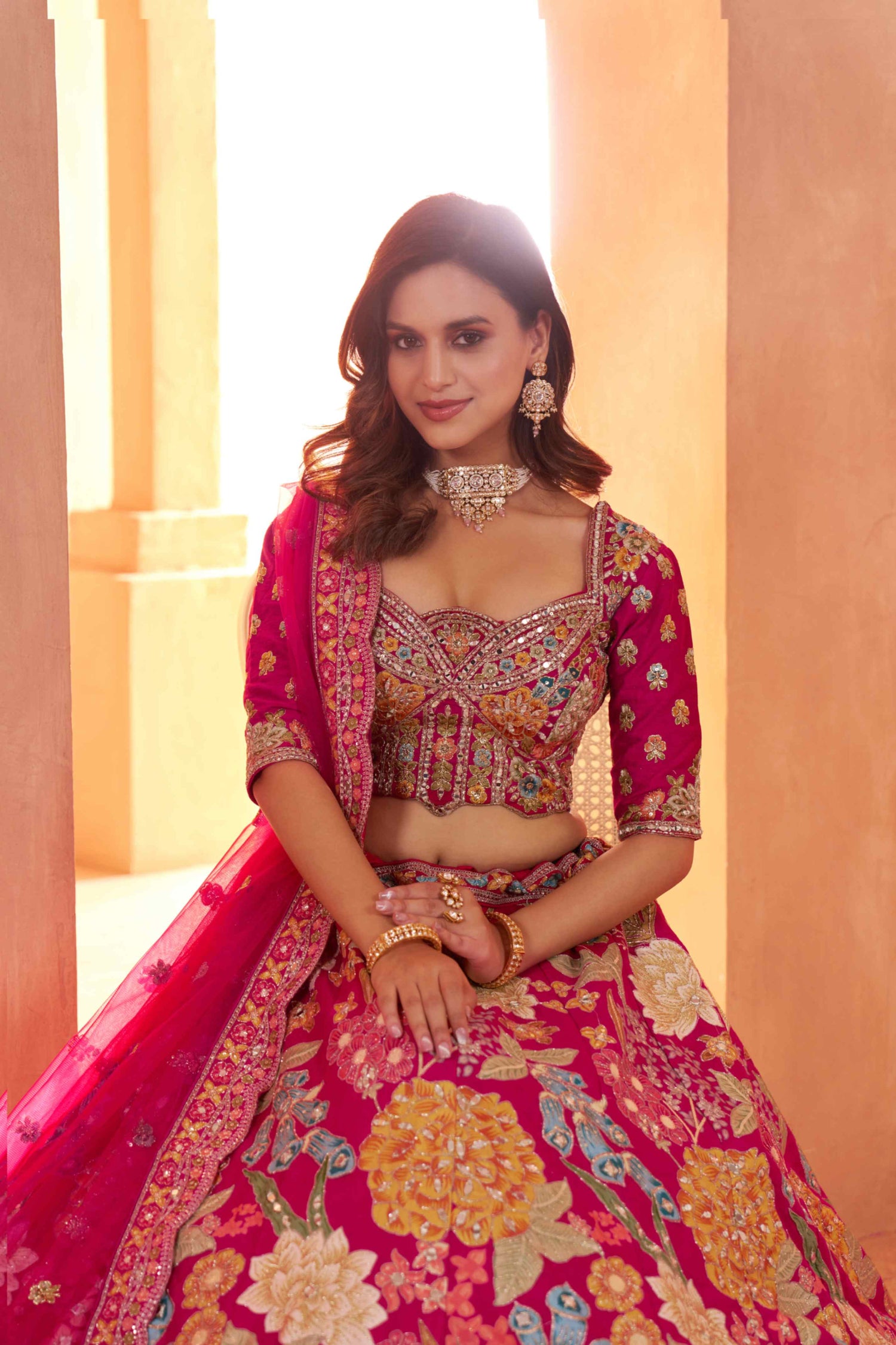 Rani Pink Dola Silk Floral Lehenga Choli with Net Dupatta