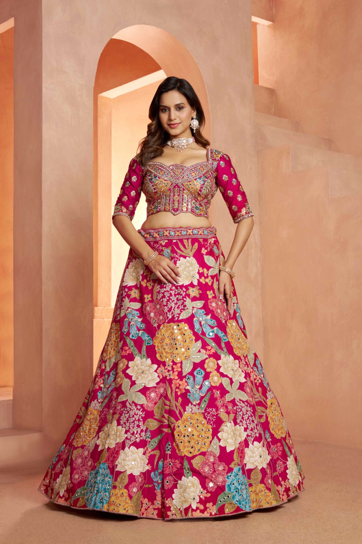 Rani Pink Dola Silk Floral Lehenga Choli with Net Dupatta