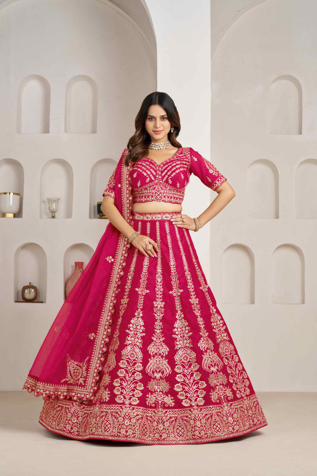 Rani Pink Silk Embroidered Lehenga Choli with Organza Dupatta