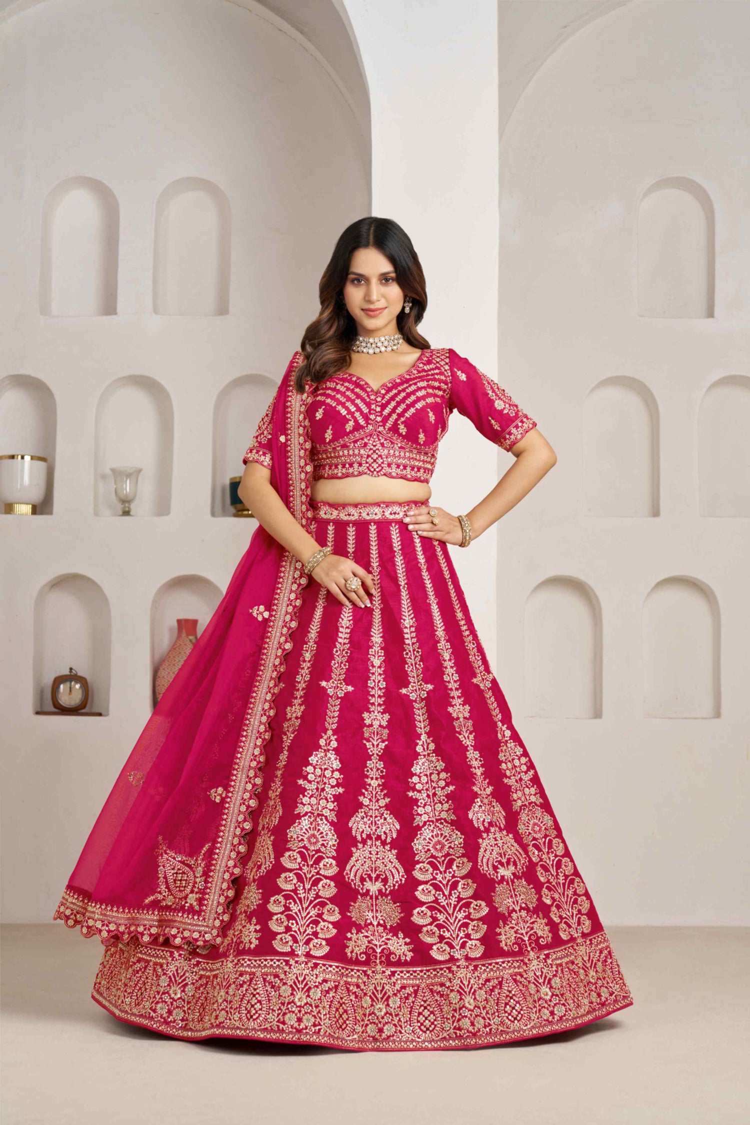 Rani Pink Silk Embroidered Lehenga Choli with Organza Dupatta