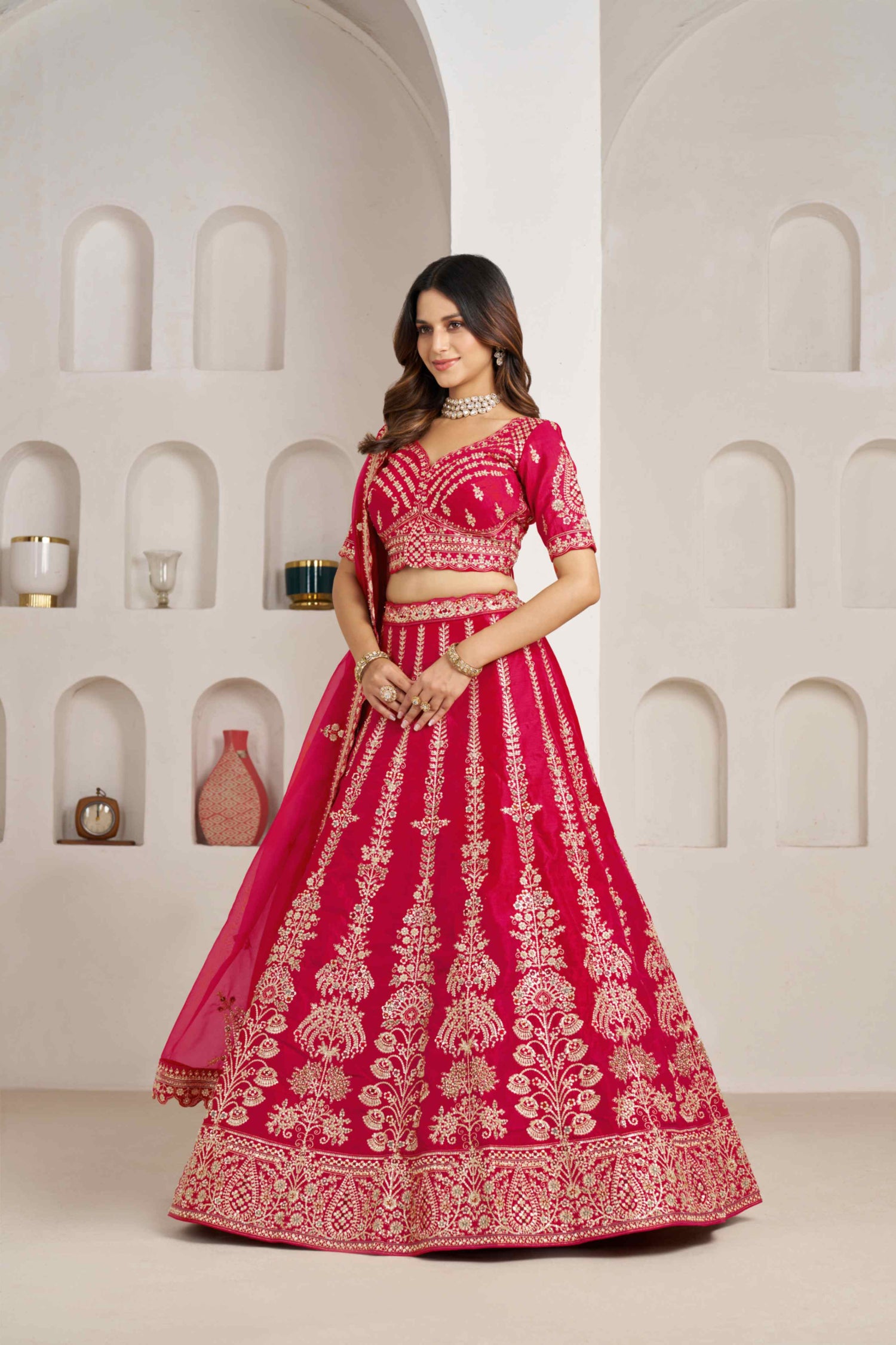 Rani Pink Silk Embroidered Lehenga Choli with Organza Dupatta