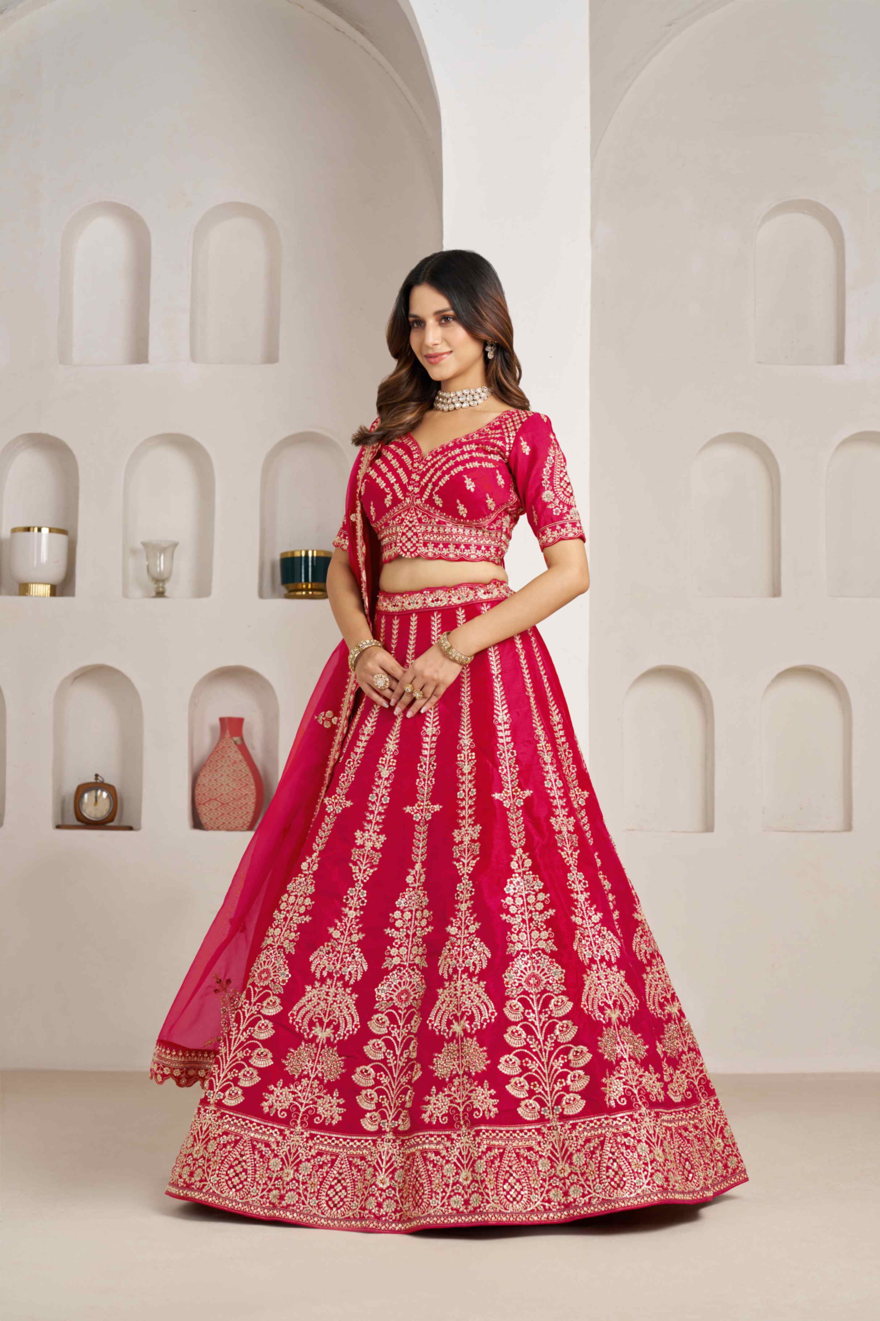 Rani Pink Silk Embroidered Lehenga Choli with Organza Dupatta
