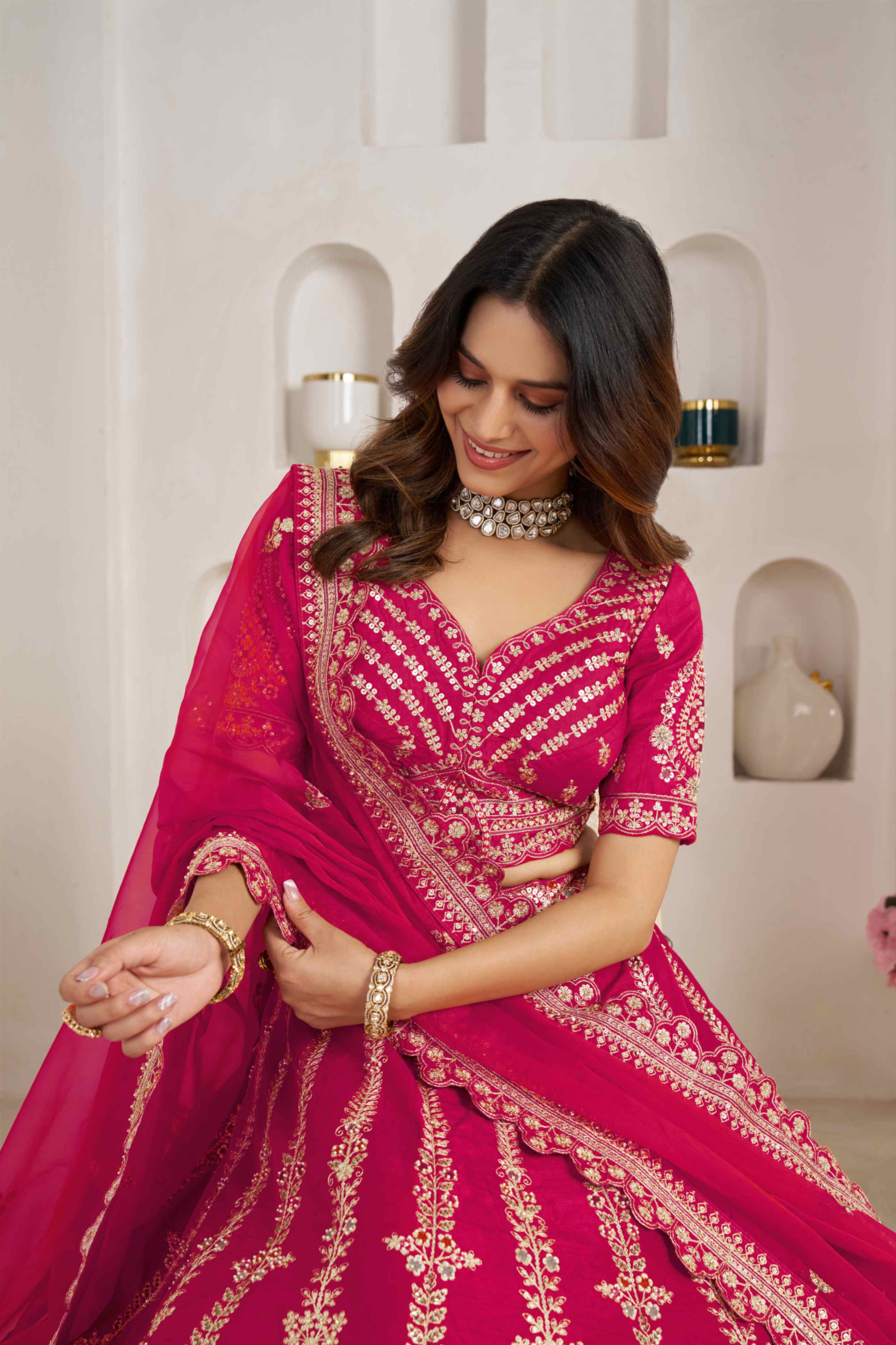 Rani Pink Silk Embroidered Lehenga Choli with Organza Dupatta