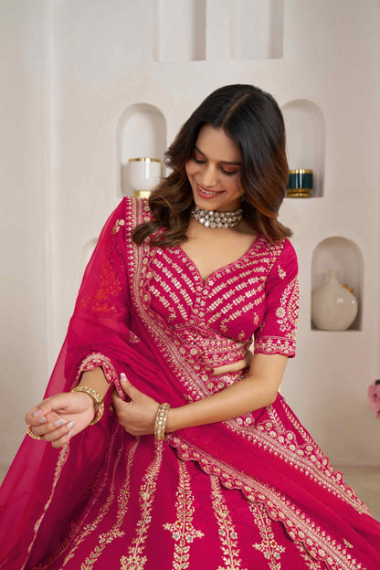 Rani Pink Silk Embroidered Lehenga Choli with Organza Dupatta