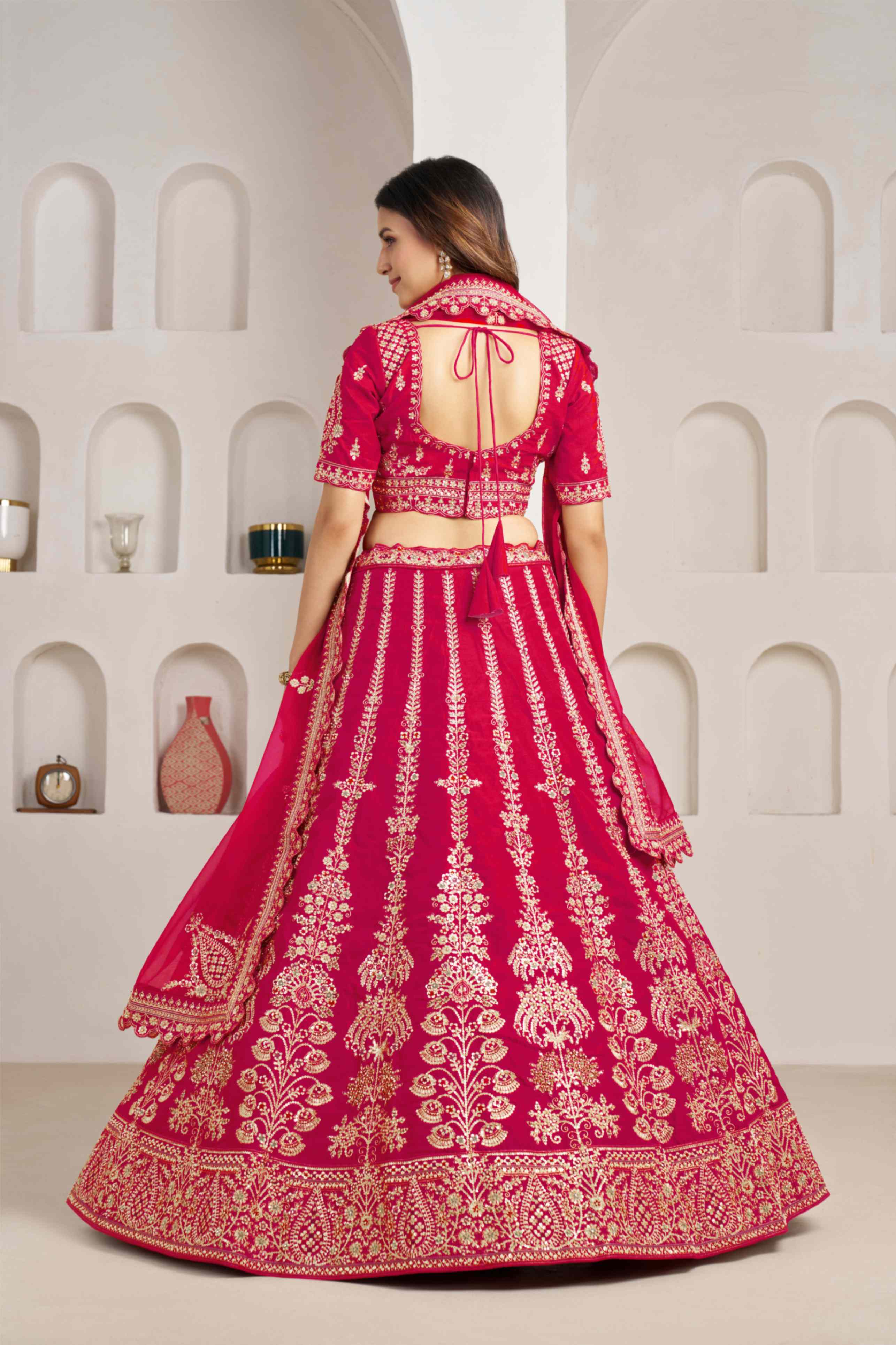 Rani Pink Silk Embroidered Lehenga Choli with Organza Dupatta