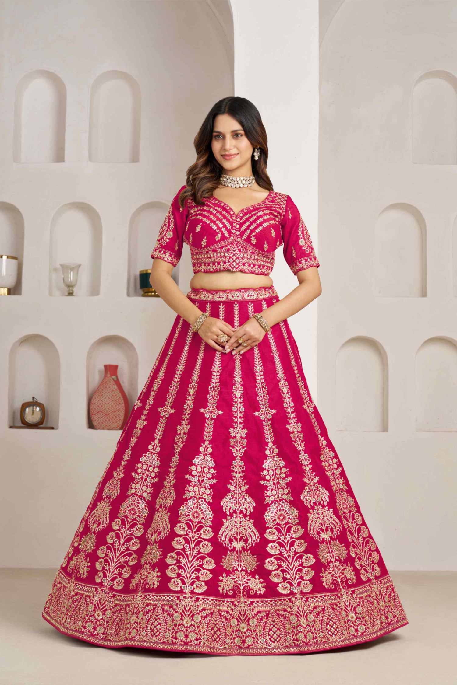 Rani Pink Silk Embroidered Lehenga Choli with Organza Dupatta