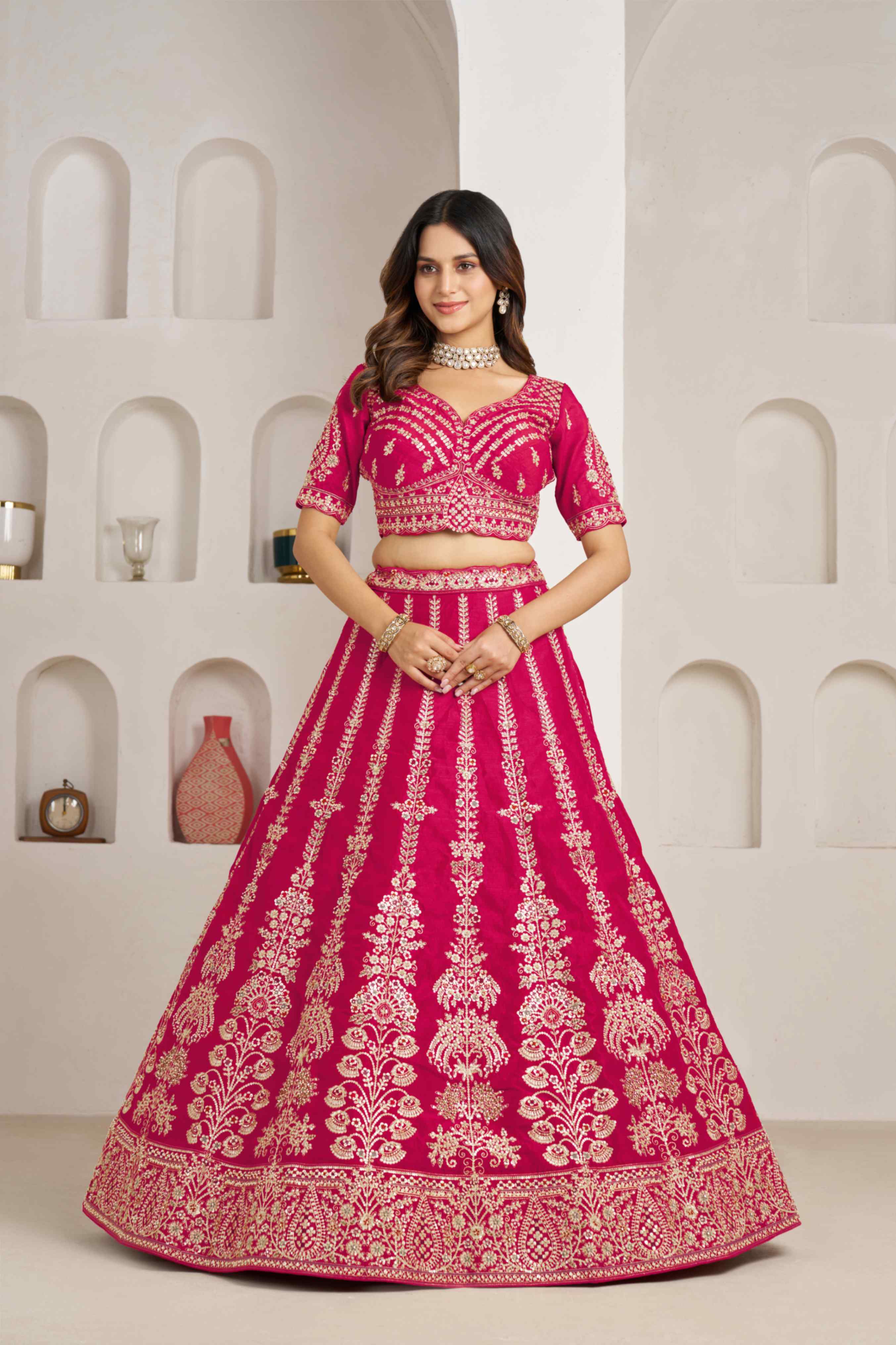 Rani Pink Silk Embroidered Lehenga Choli with Organza Dupatta