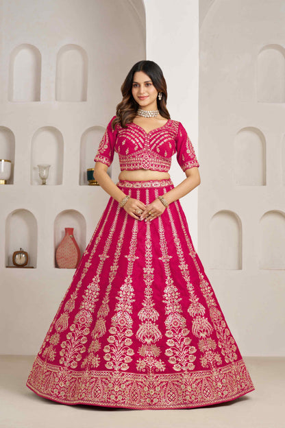Rani Pink Silk Embroidered Lehenga Choli with Organza Dupatta