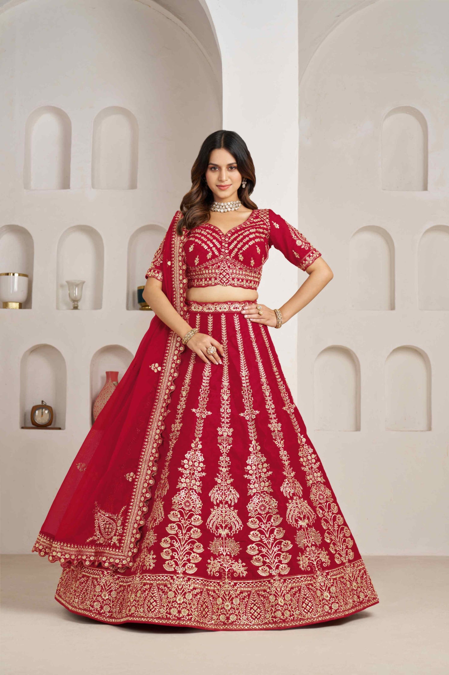 Red Silk Embroidered Lehenga Choli with Organza Dupatta
