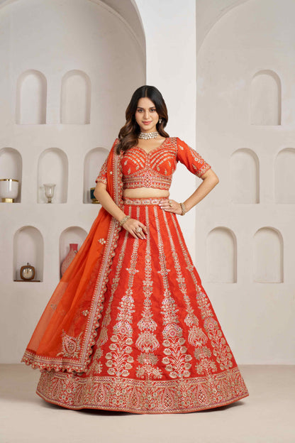 Orange Silk Embroidered Lehenga Choli with Organza Dupatta