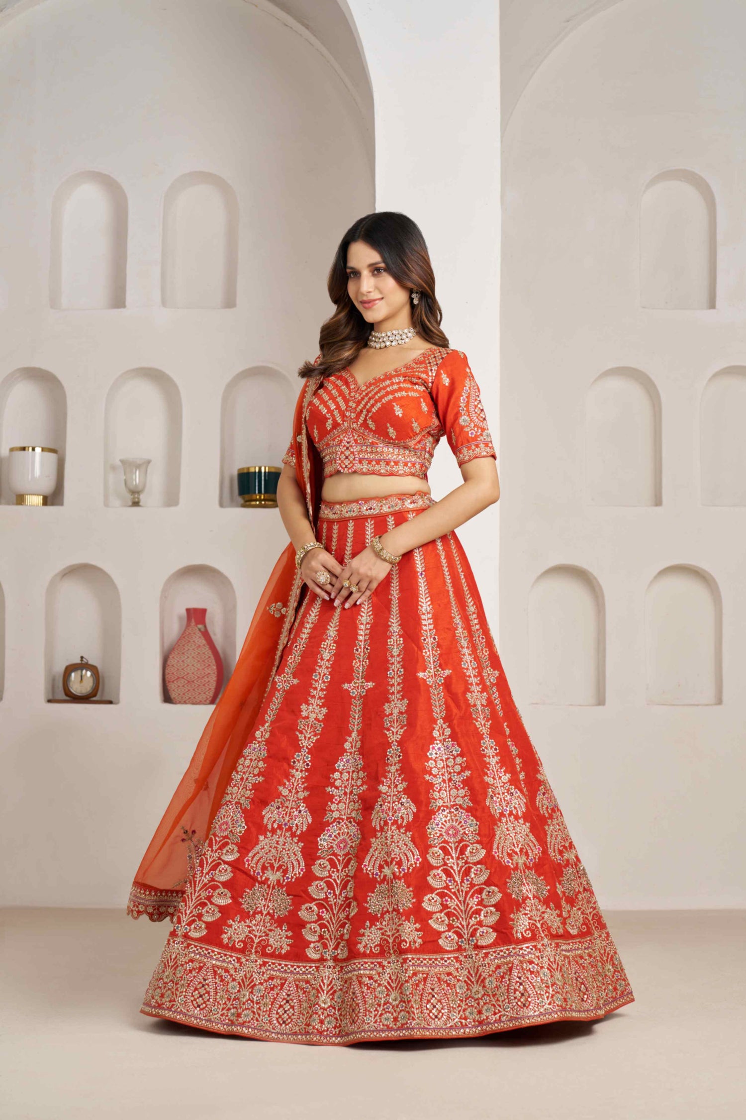 Orange Silk Embroidered Lehenga Choli with Organza Dupatta