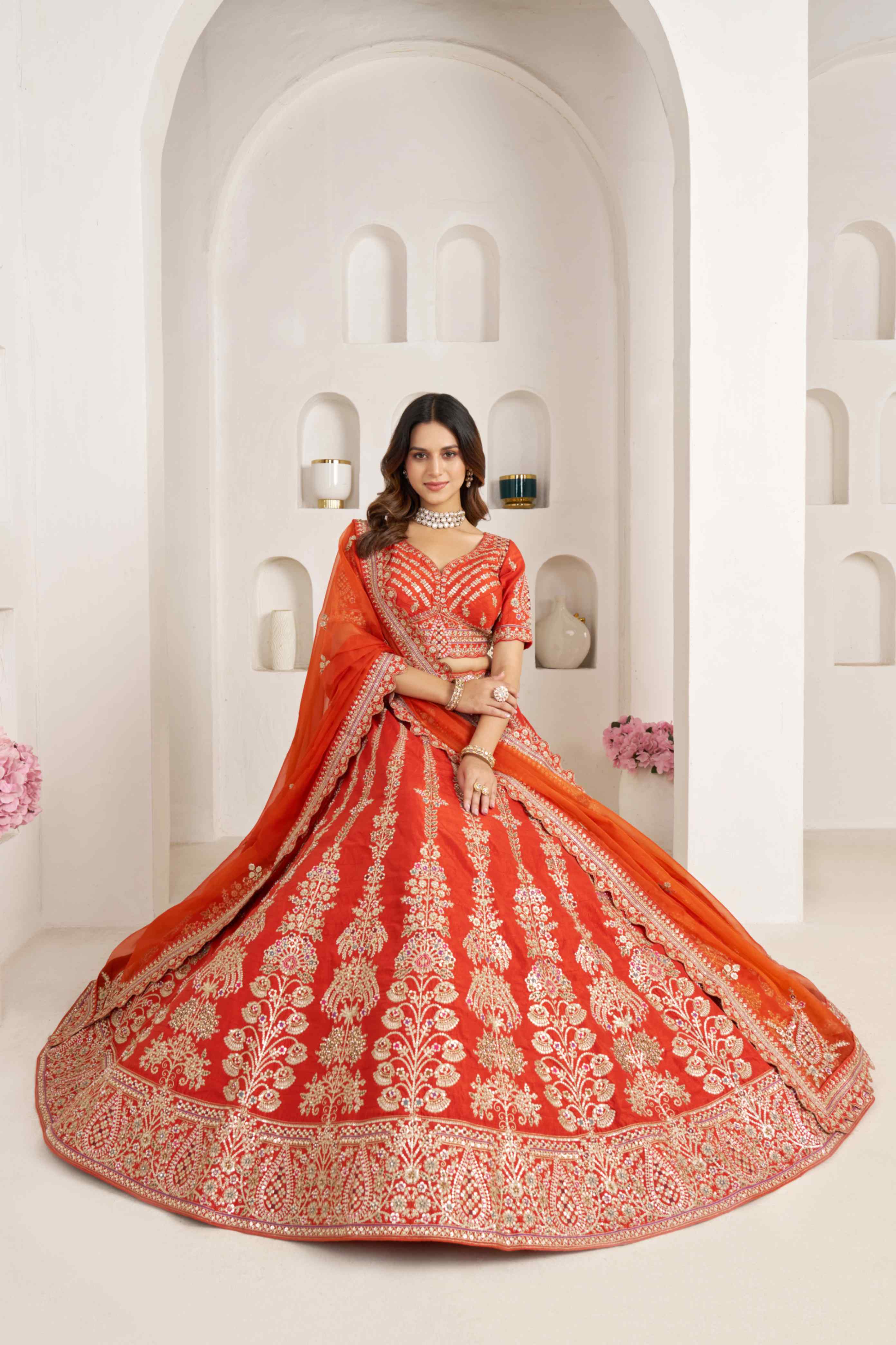 Orange Silk Embroidered Lehenga Choli with Organza Dupatta