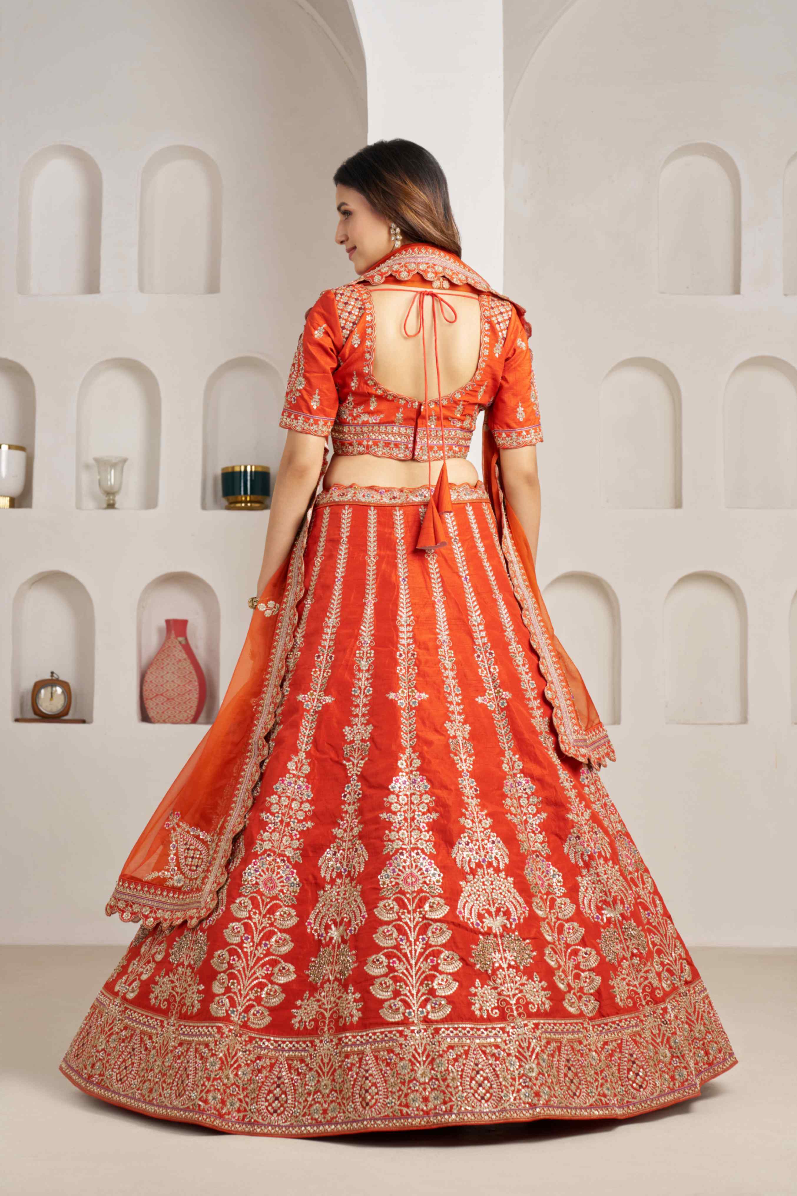 Orange Silk Embroidered Lehenga Choli with Organza Dupatta