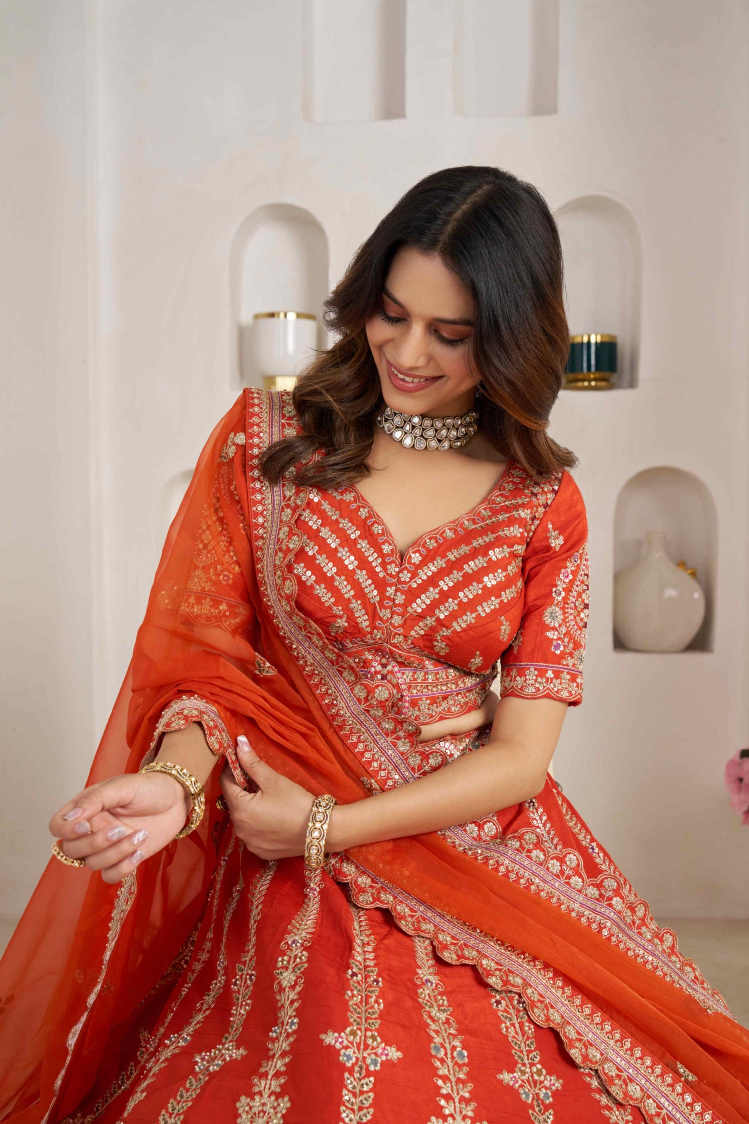 Orange Silk Embroidered Lehenga Choli with Organza Dupatta
