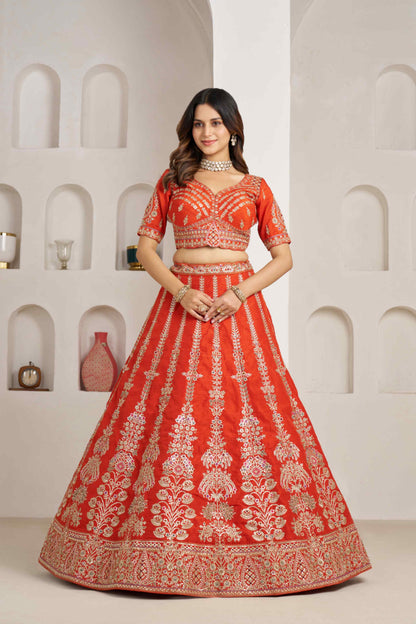 Orange Silk Embroidered Lehenga Choli with Organza Dupatta