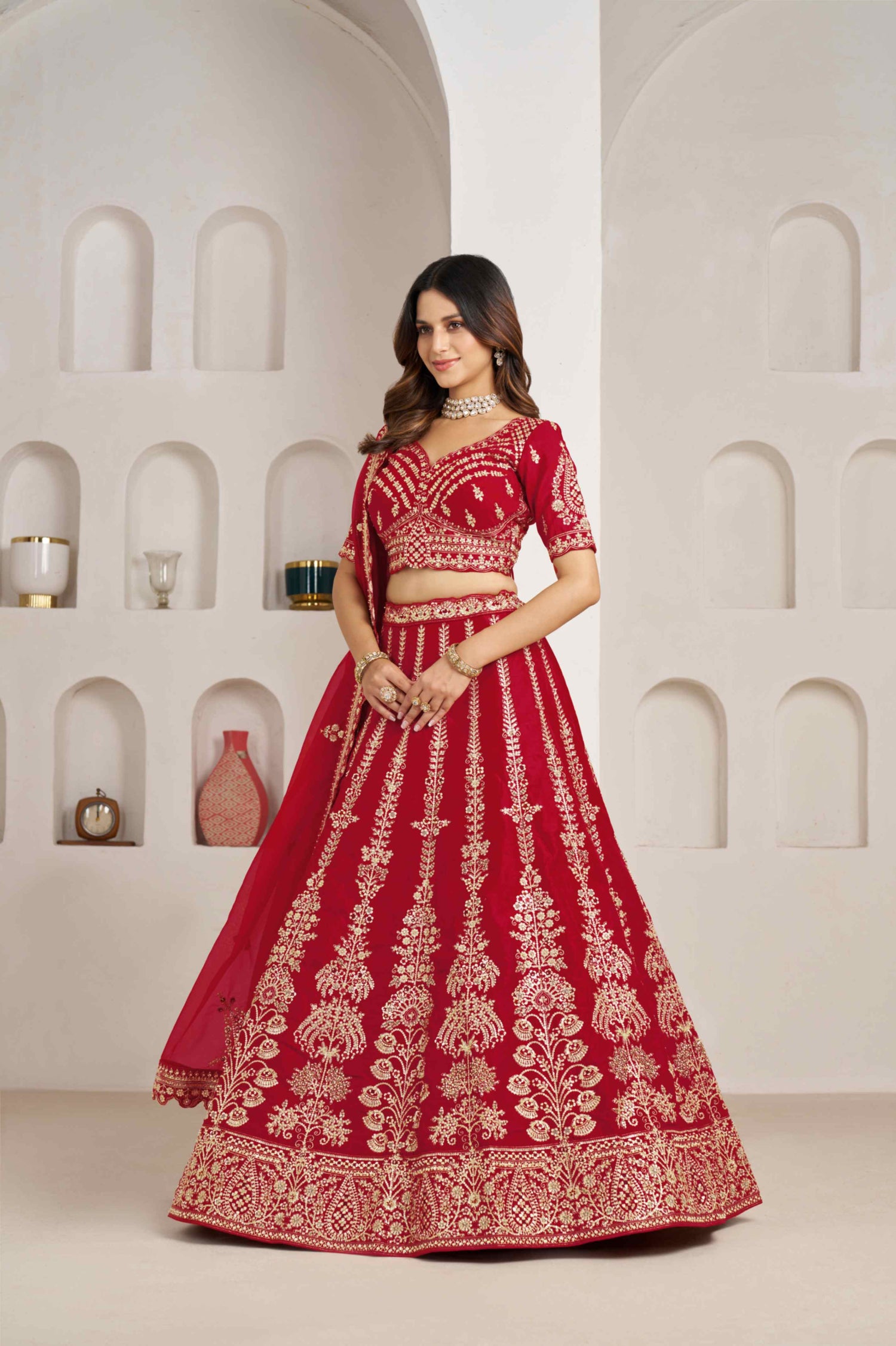 Red Silk Embroidered Lehenga Choli with Organza Dupatta