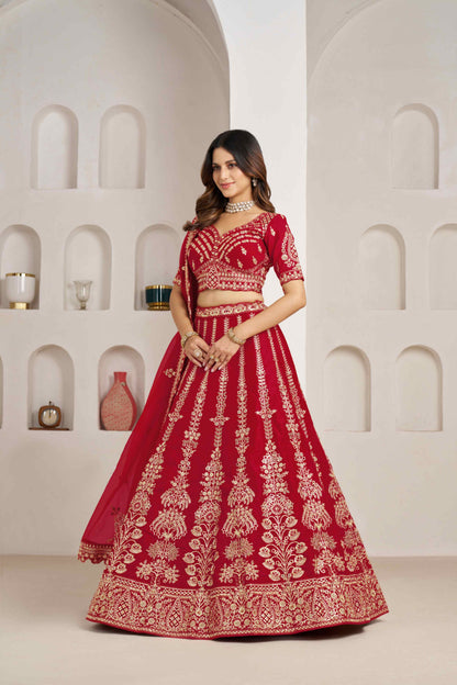 Red Silk Embroidered Lehenga Choli with Organza Dupatta