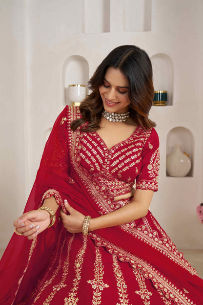 Red Silk Embroidered Lehenga Choli with Organza Dupatta