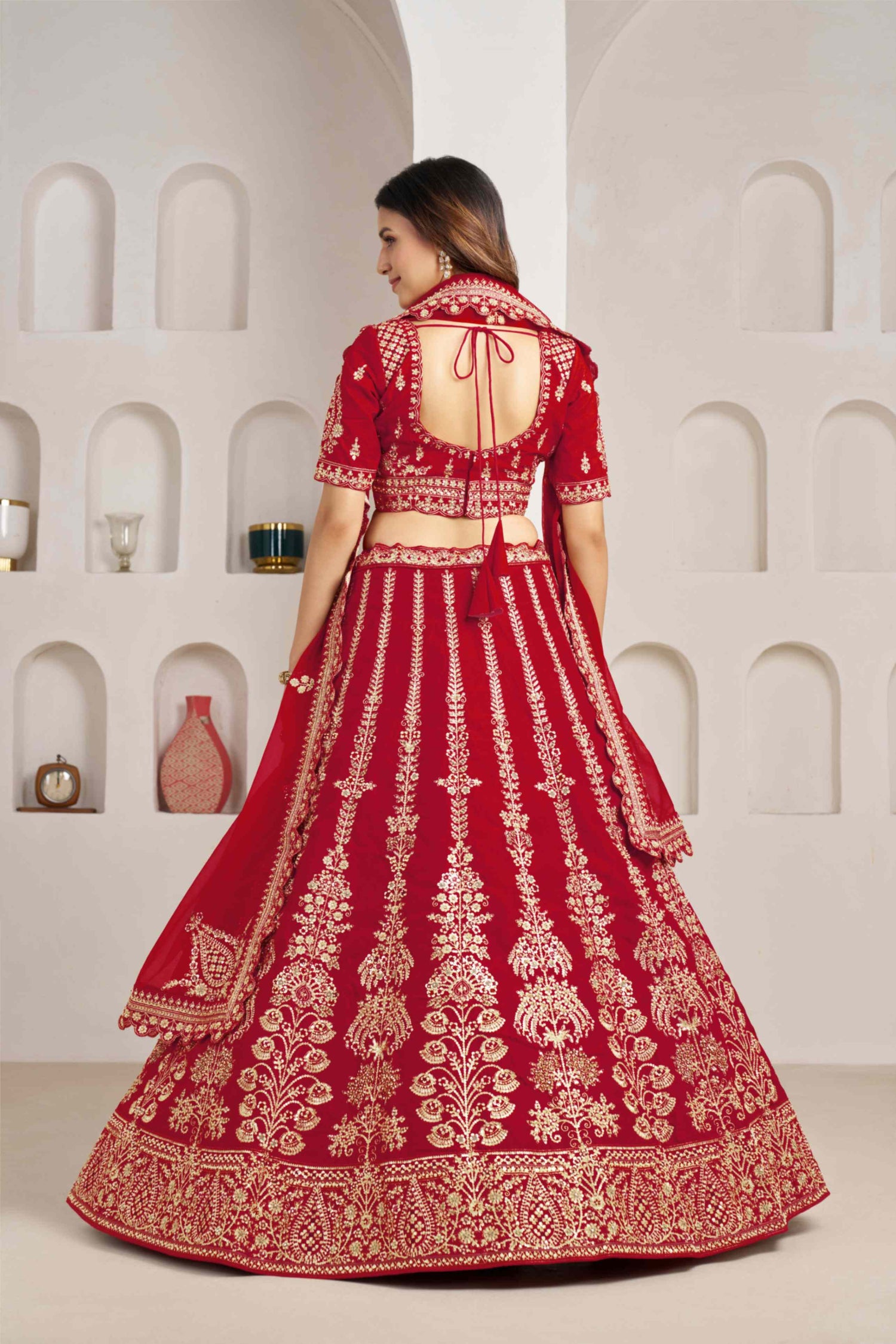 Red Silk Embroidered Lehenga Choli with Organza Dupatta