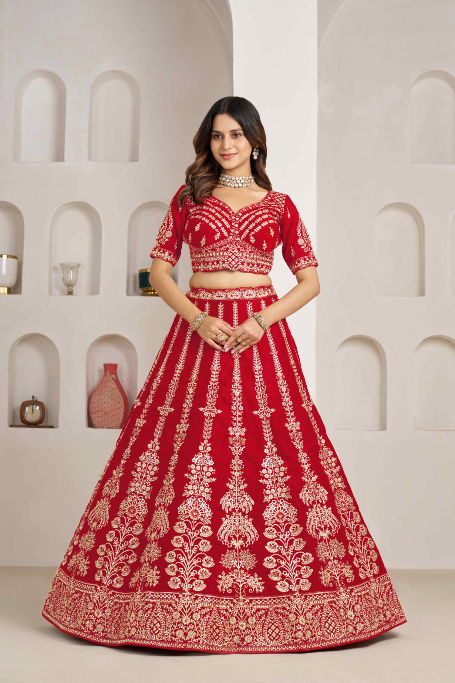 Red Silk Embroidered Lehenga Choli with Organza Dupatta