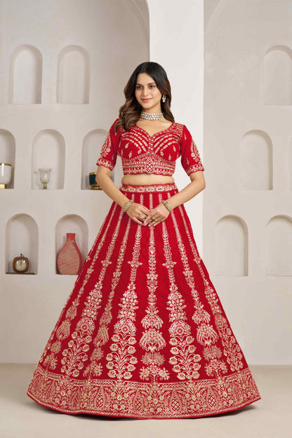 Red Silk Embroidered Lehenga Choli with Organza Dupatta