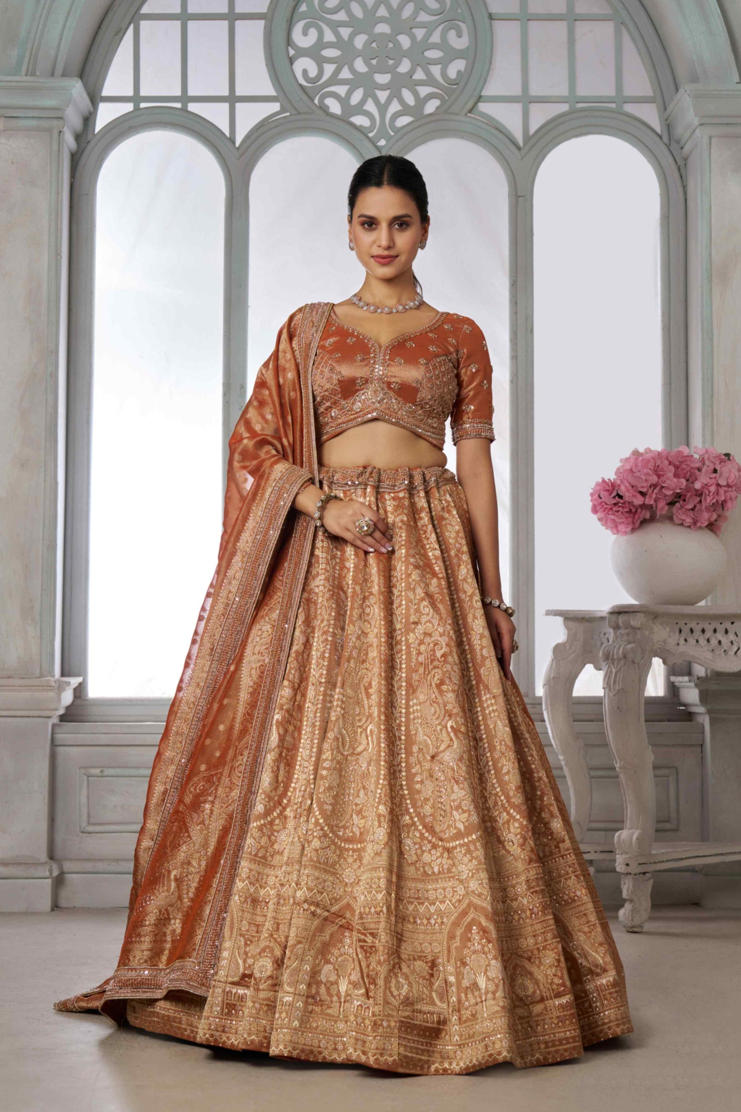 Copper Gold Kanjivaram Tissue Lehenga Choli with Tissue Dupatta