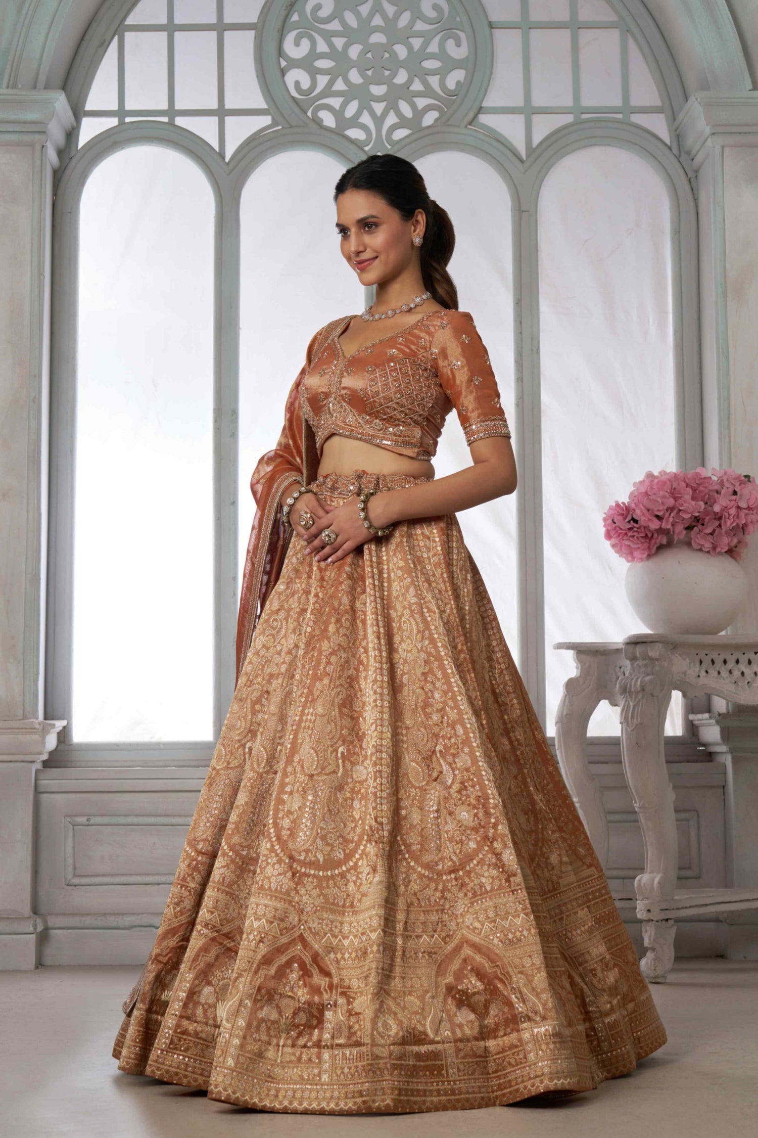 Copper Gold Kanjivaram Tissue Lehenga Choli with Tissue Dupatta
