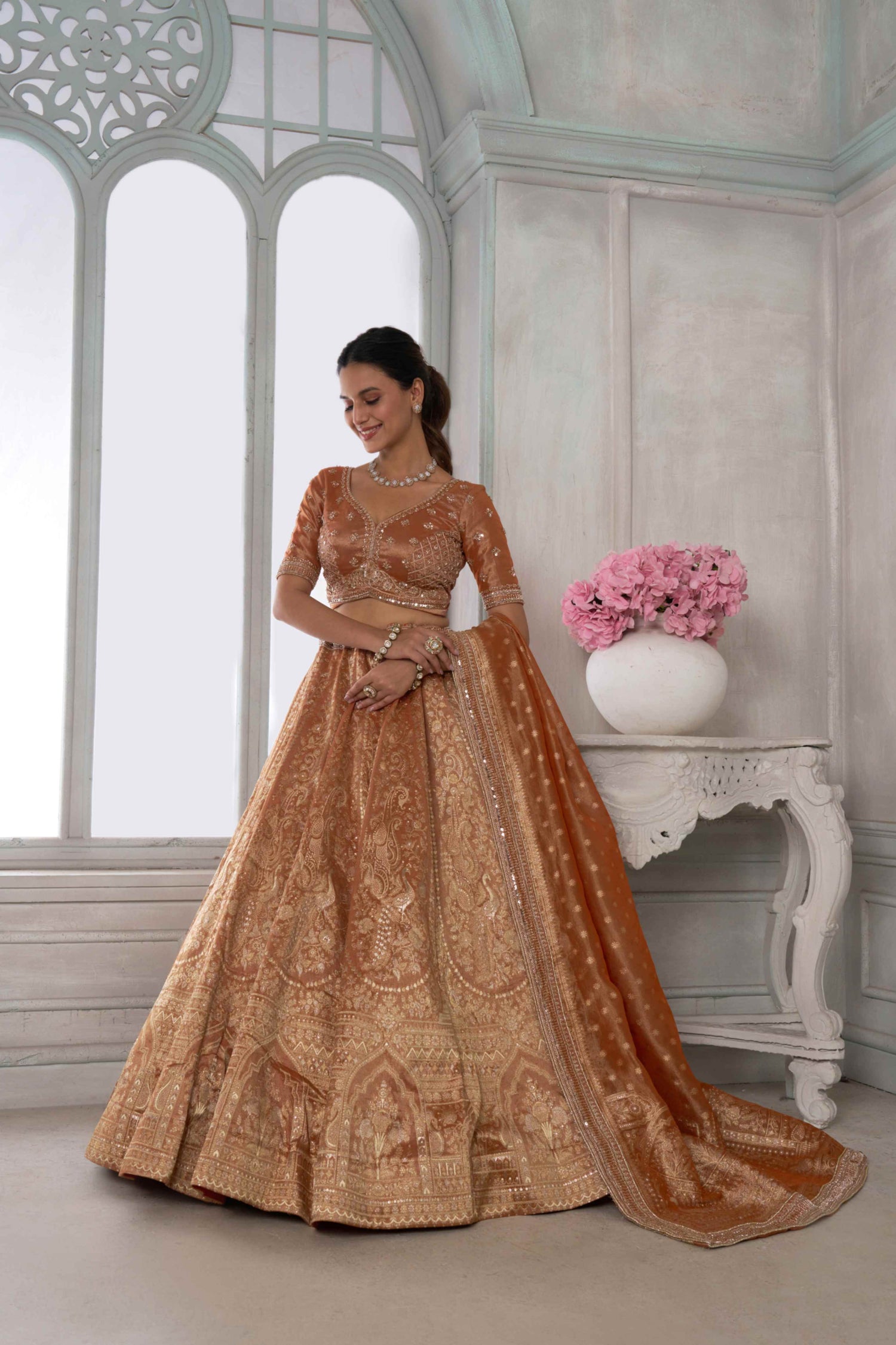 Copper Gold Kanjivaram Tissue Lehenga Choli with Tissue Dupatta