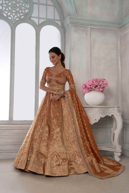 Copper Gold Kanjivaram Tissue Lehenga Choli with Tissue Dupatta