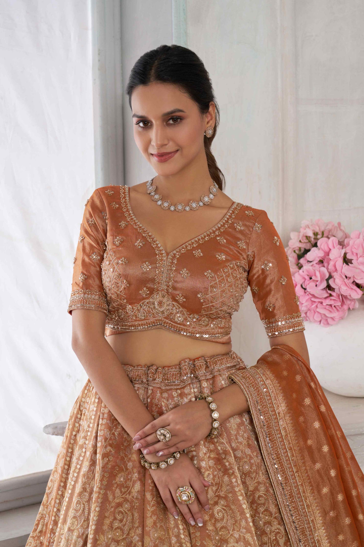 Copper Gold Kanjivaram Tissue Lehenga Choli with Tissue Dupatta