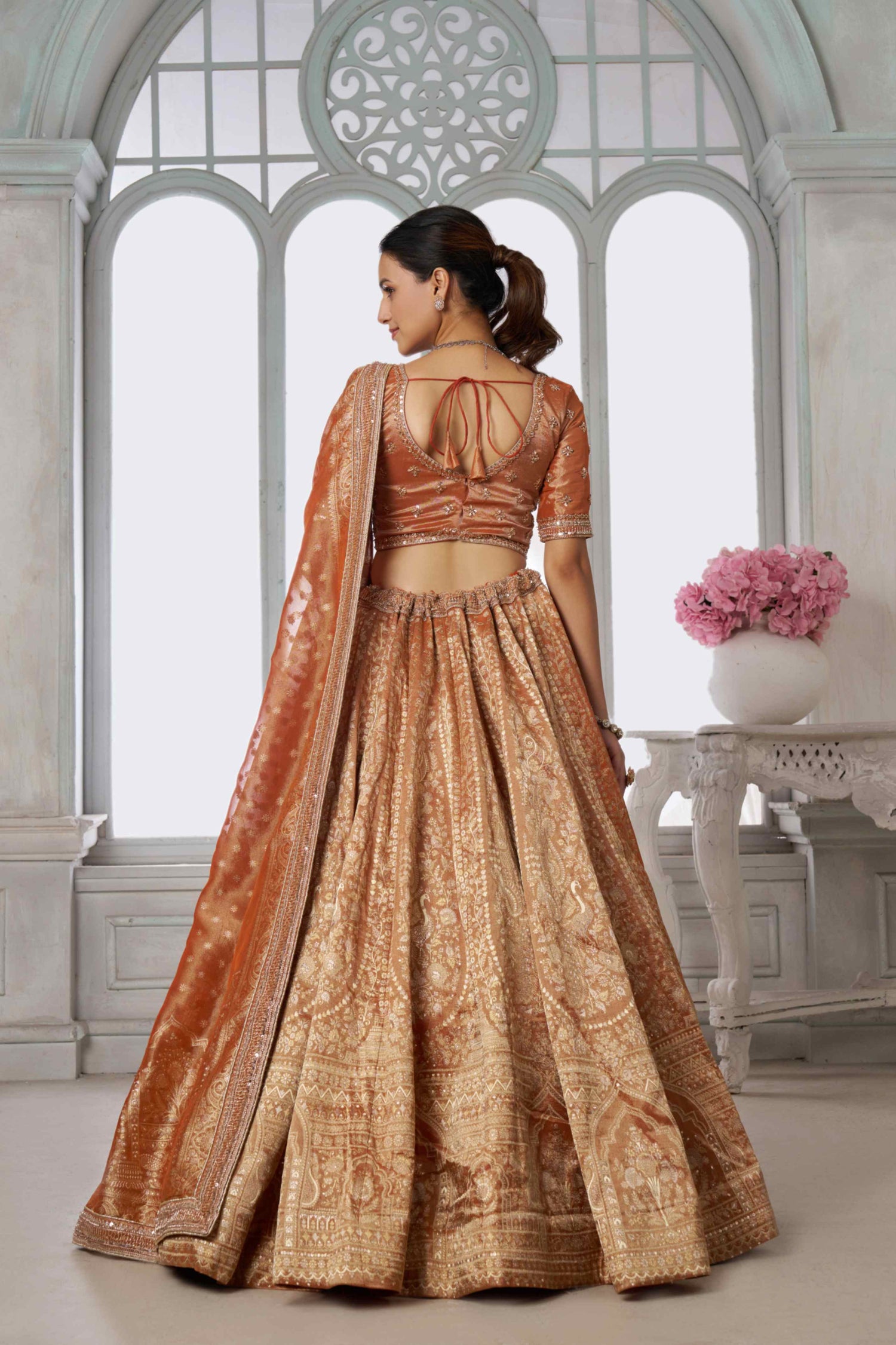 Copper Gold Kanjivaram Tissue Lehenga Choli with Tissue Dupatta