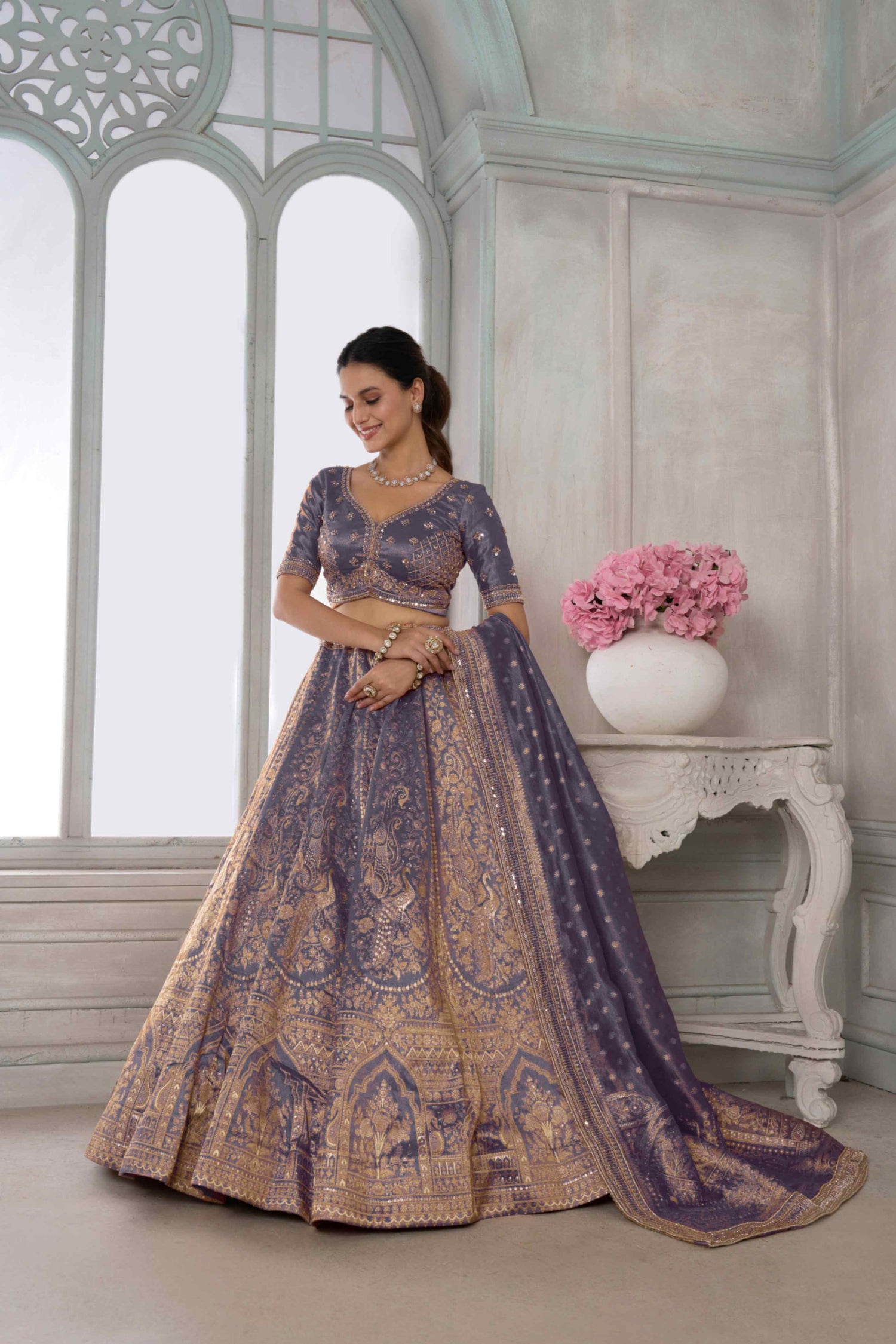Lavender Purple Kanjivaram Tissue Lehenga Choli with Tissue Dupatta