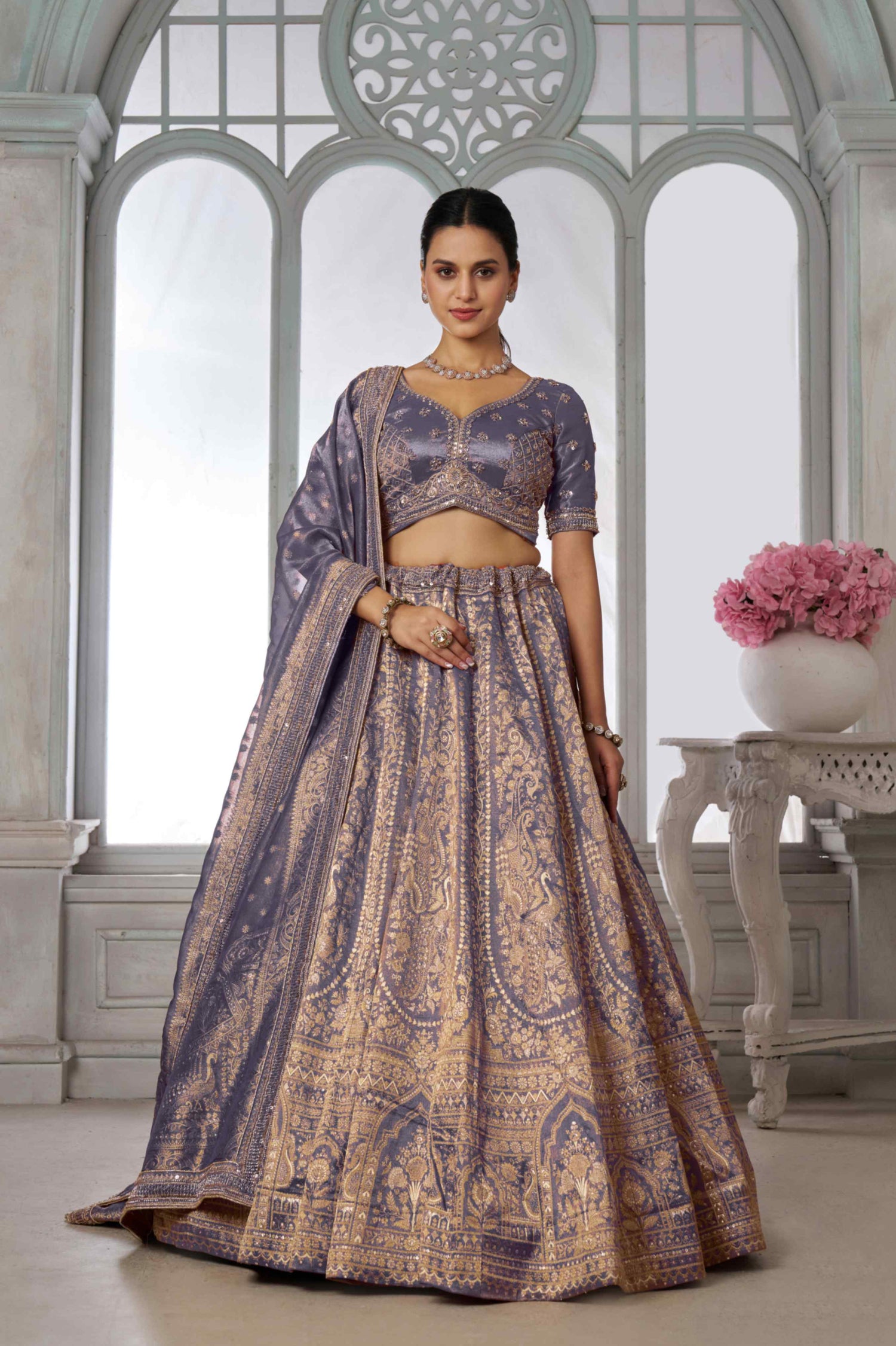 Lavender Purple Kanjivaram Tissue Lehenga Choli with Tissue Dupatta