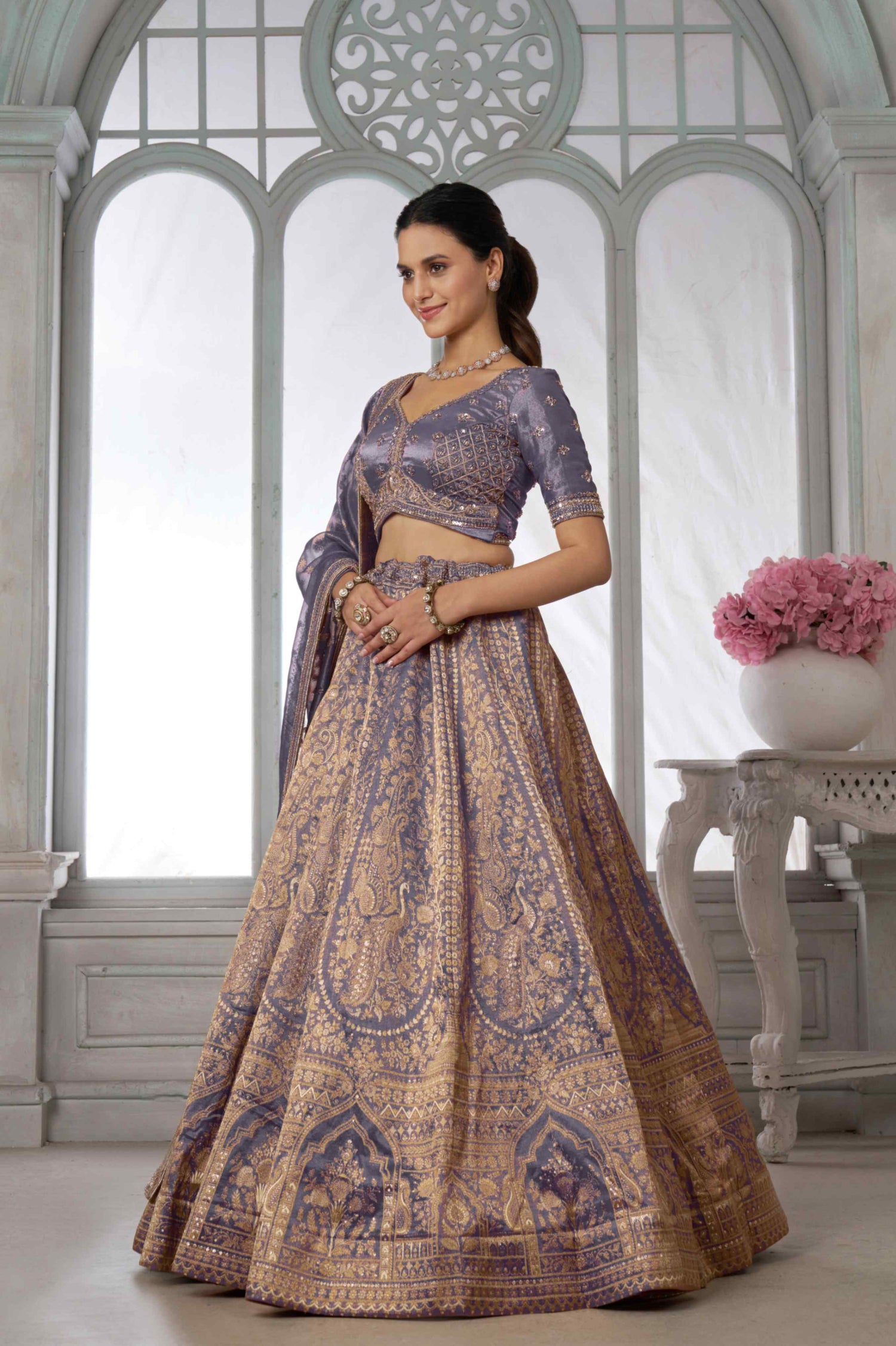Lavender Purple Kanjivaram Tissue Lehenga Choli with Tissue Dupatta