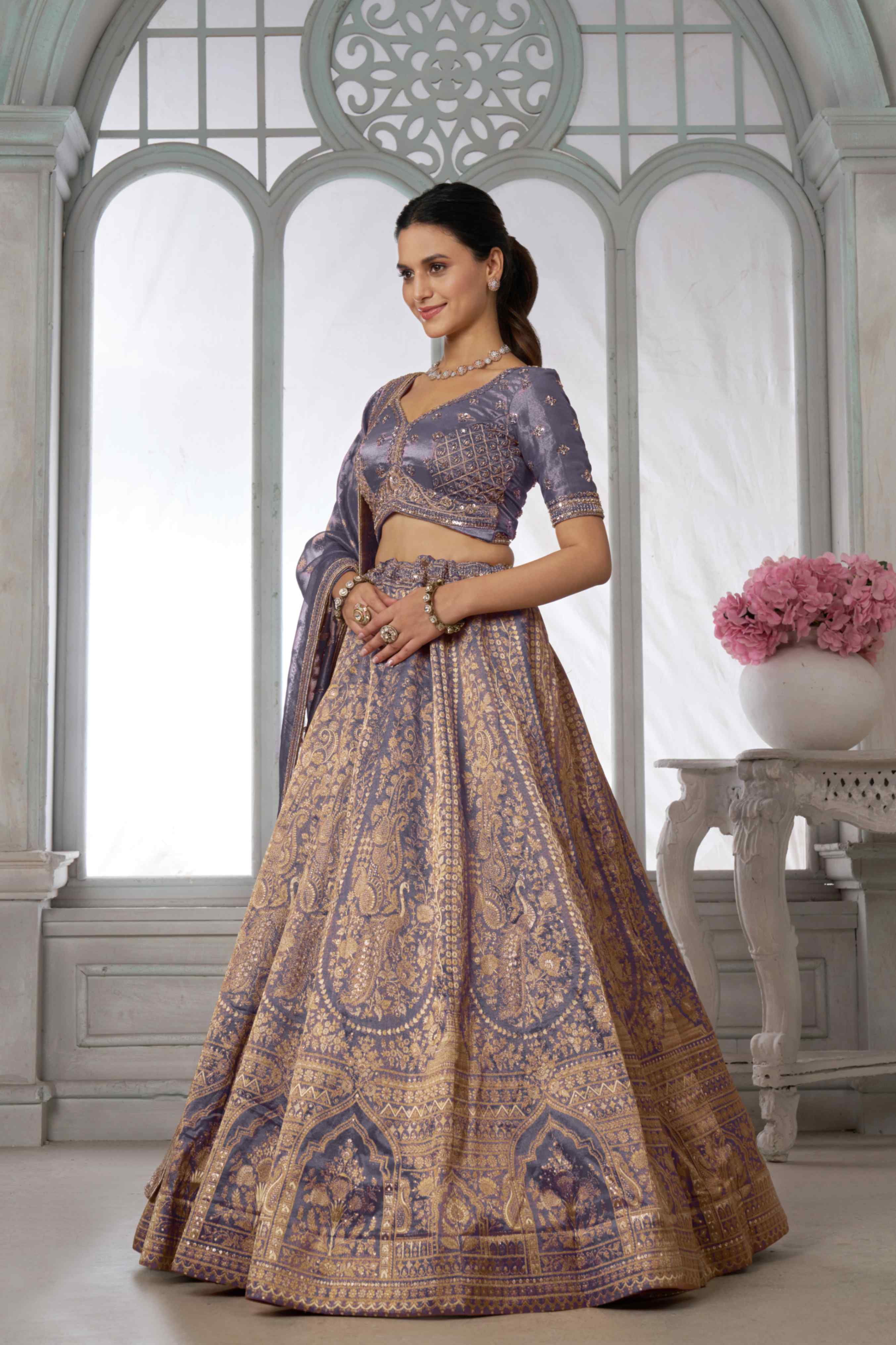 Lavender Purple Kanjivaram Tissue Lehenga Choli with Tissue Dupatta