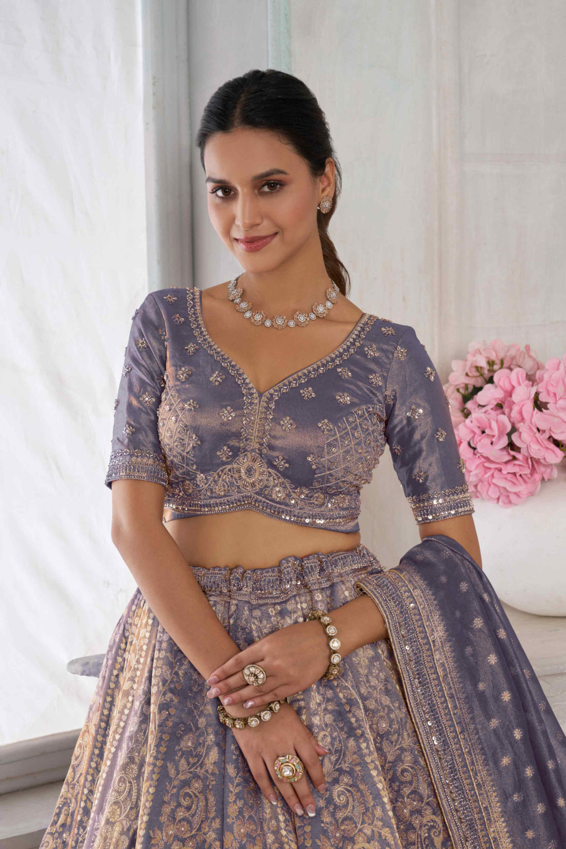 Lavender Purple Kanjivaram Tissue Lehenga Choli with Tissue Dupatta