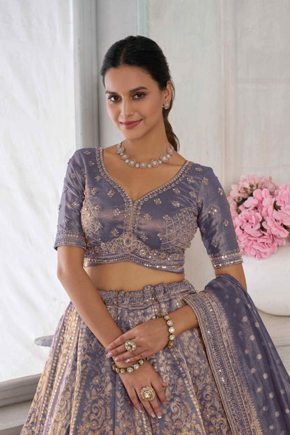 Lavender Purple Kanjivaram Tissue Lehenga Choli with Tissue Dupatta