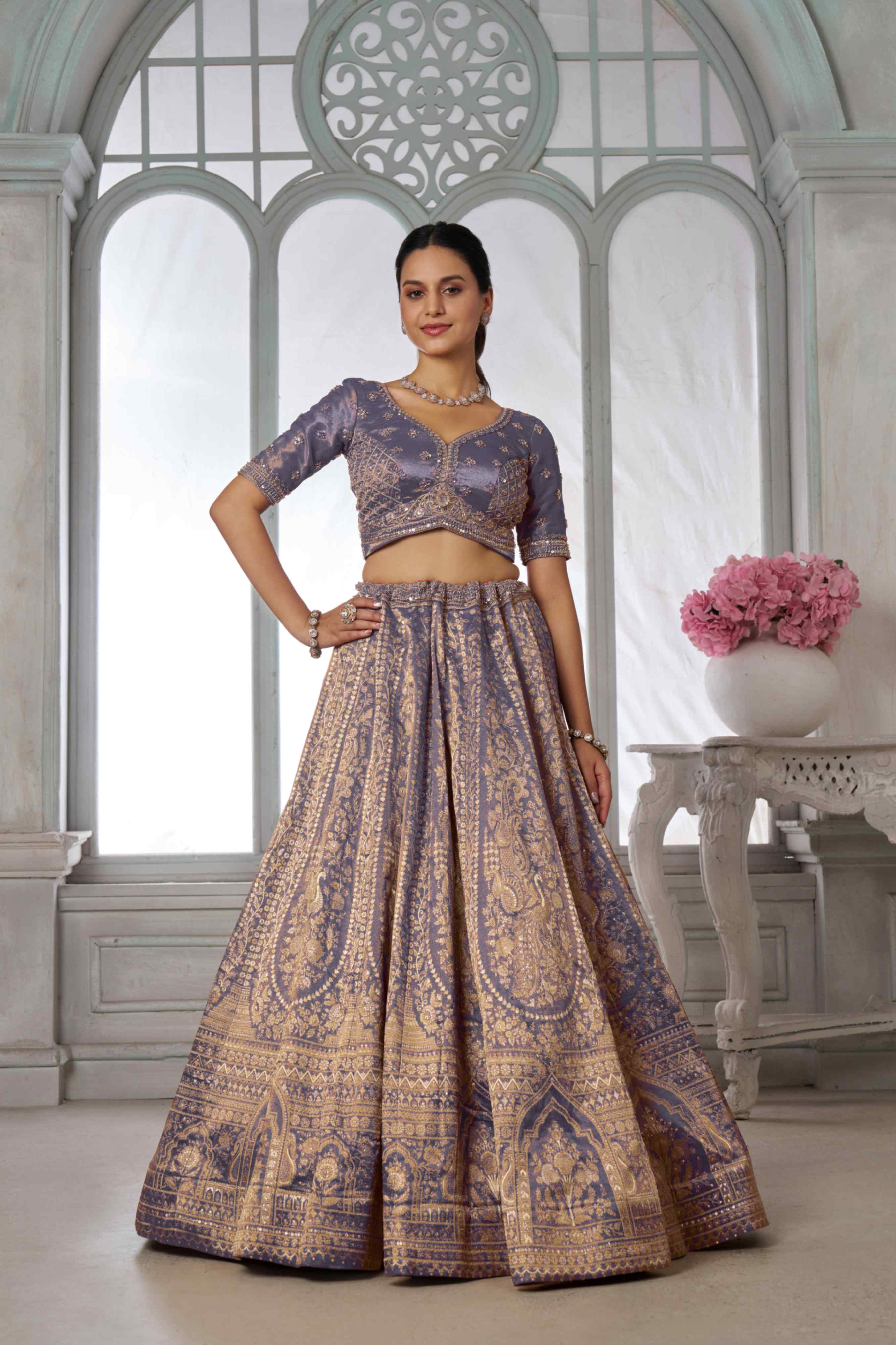 Lavender Purple Kanjivaram Tissue Lehenga Choli with Tissue Dupatta