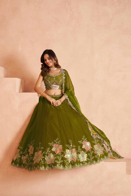 Olive Green Tissue Lehenga Choli with Floral Embroidery