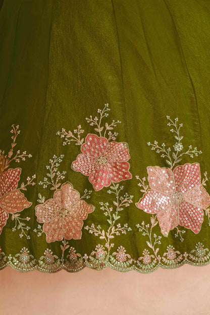 Olive Green Tissue Lehenga Choli with Floral Embroidery