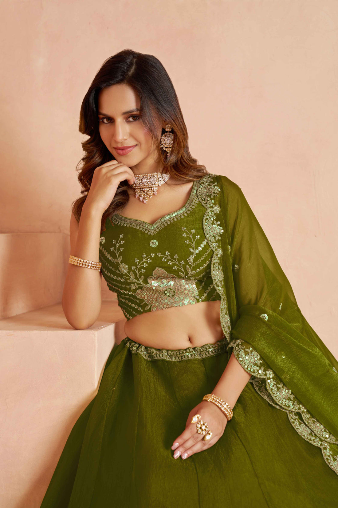 Olive Green Tissue Lehenga Choli with Floral Embroidery
